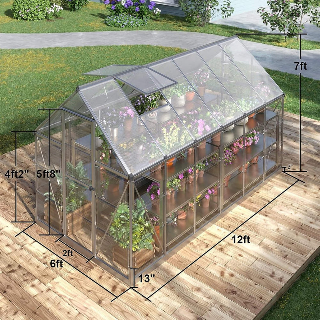 6' x 12' FT Heavy-Duty Outdoor Aluminum Polycarbonate Walk-In Greenhouse With Lockable Hinged Door