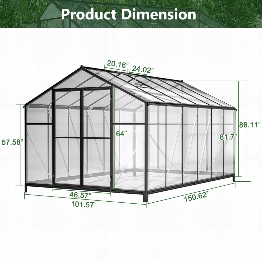 8' x 12' FT Large Outdoor Heavy-Duty Polycarbonate Walk-In Greenhouse With Double Swing Doors And Two Ventilation Windows