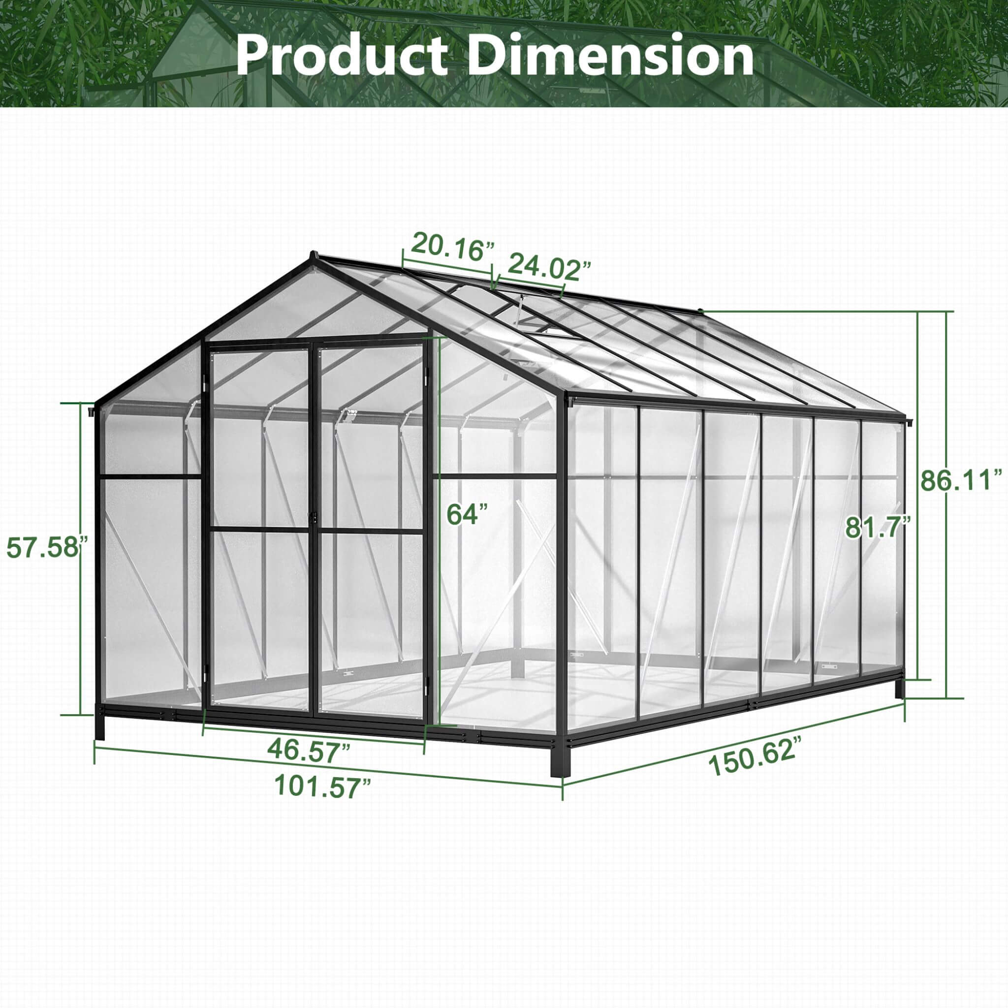 8' x 12' FT Large Outdoor Heavy-Duty Polycarbonate Walk-In Greenhouse With Double Swing Doors And Two Ventilation Windows