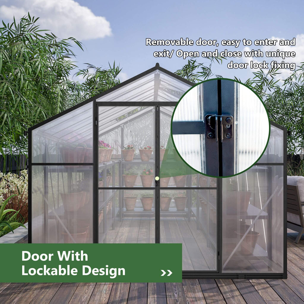 8' x 12' FT Large Outdoor Heavy-Duty Polycarbonate Walk-In Greenhouse With Double Swing Doors And Two Ventilation Windows