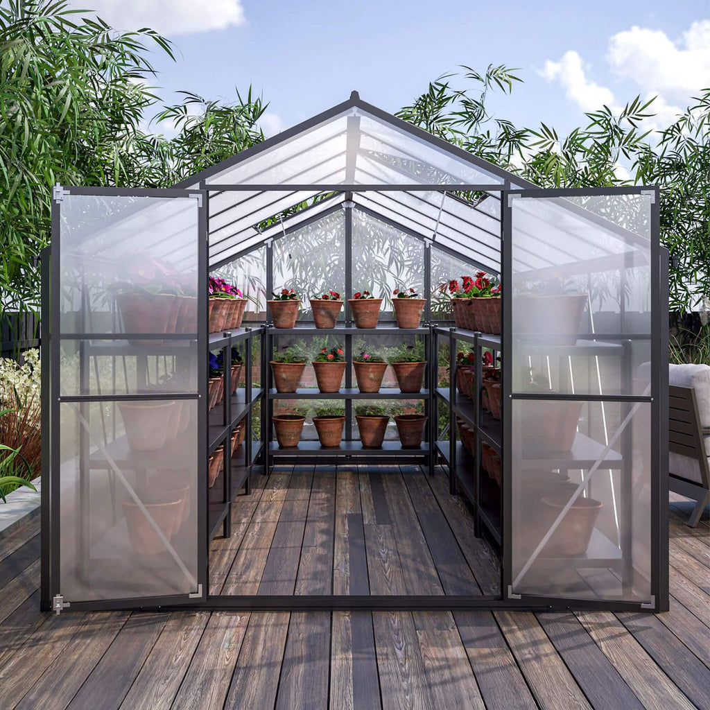 8' x 12' FT Large Outdoor Heavy-Duty Polycarbonate Walk-In Greenhouse With Double Swing Doors And Two Ventilation Windows