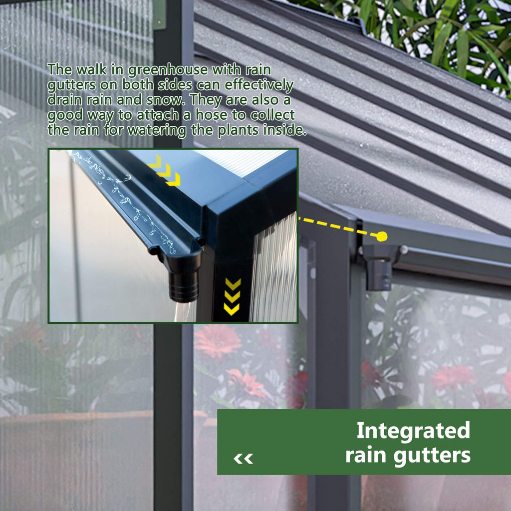 8' x 12' FT Large Outdoor Heavy-Duty Polycarbonate Walk-In Greenhouse With Double Swing Doors And Two Ventilation Windows