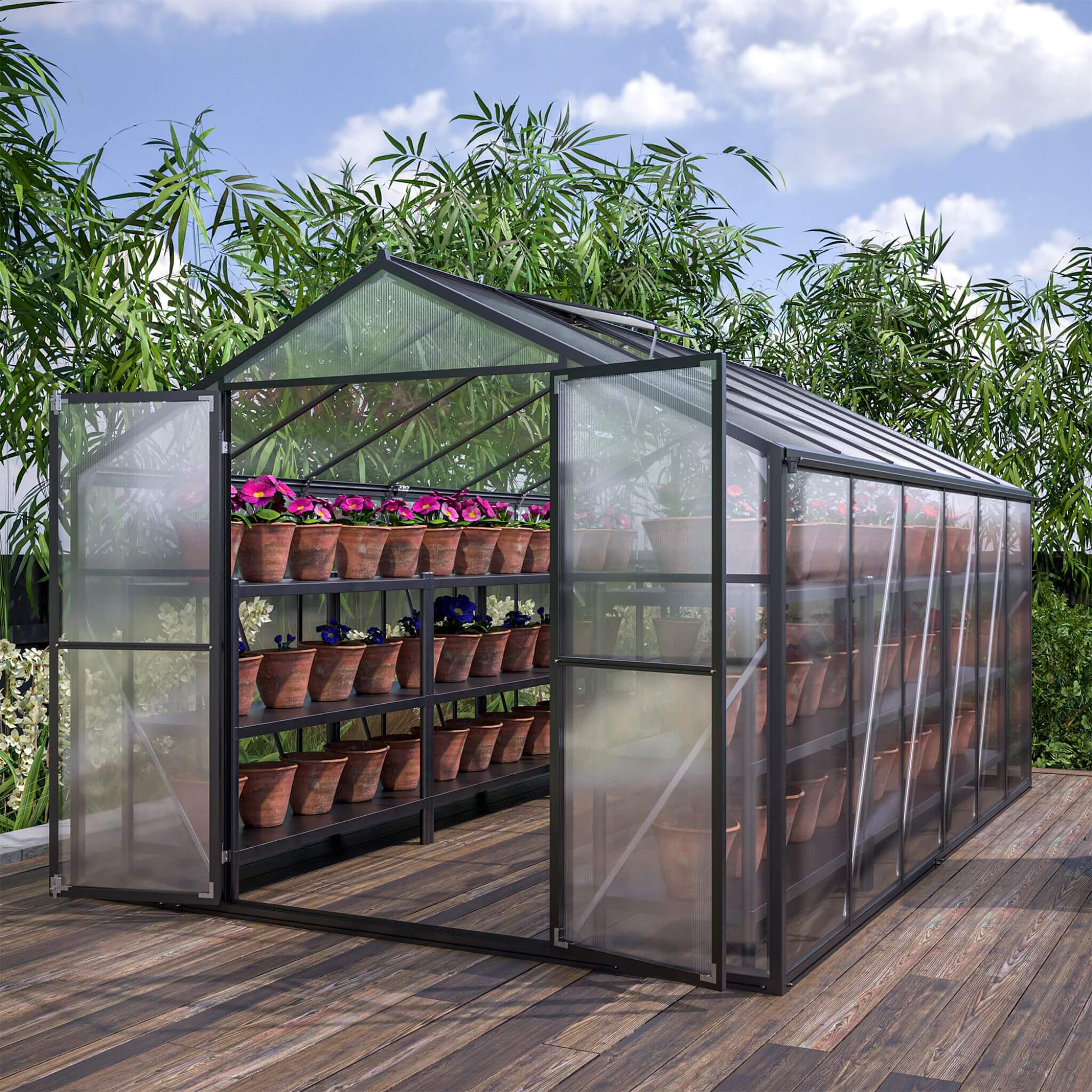 8' x 12' FT Large Outdoor Heavy-Duty Polycarbonate Walk-In Greenhouse With Double Swing Doors And Two Ventilation Windows