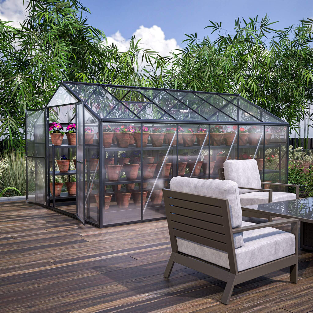 8' x 12' FT Large Outdoor Heavy-Duty Polycarbonate Walk-In Greenhouse With Double Swing Doors And Two Ventilation Windows