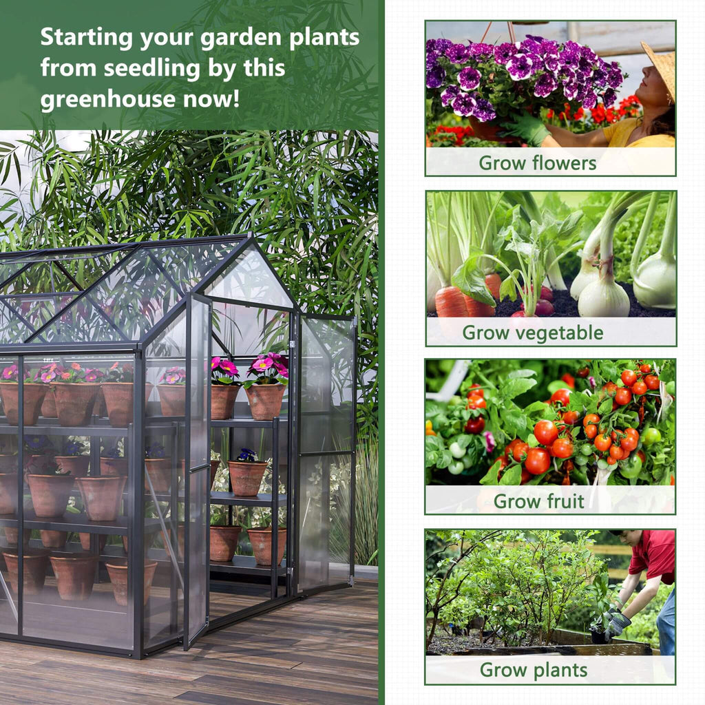 8' x 12' FT Large Outdoor Heavy-Duty Polycarbonate Walk-In Greenhouse With Double Swing Doors And Two Ventilation Windows