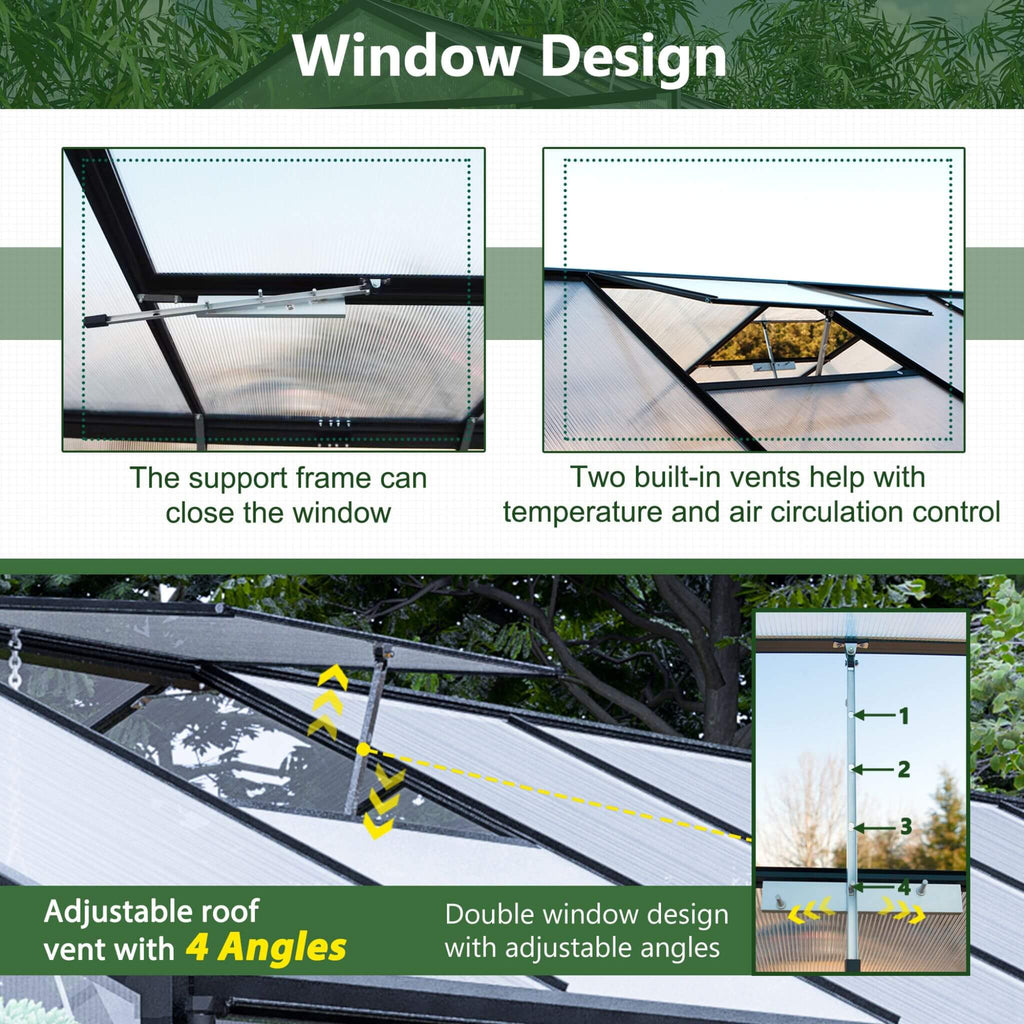 8' x 12' FT Large Outdoor Heavy-Duty Polycarbonate Walk-In Greenhouse With Double Swing Doors And Two Ventilation Windows