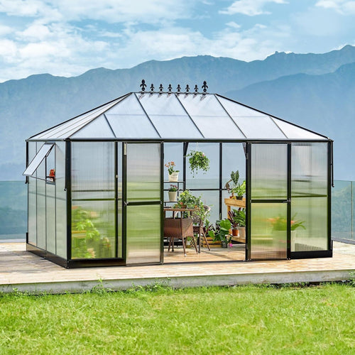 10' x 14' FT Premium Outdoor Polycarbonate Greenhouse With Aluminum Frame And Double Swing Doors