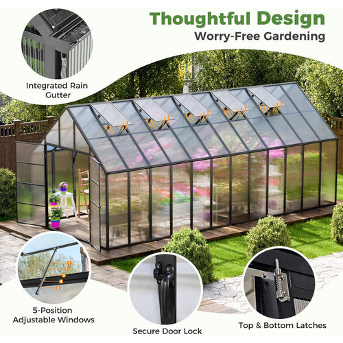 10FT x 24FT Heavy-Duty Outdoor Aluminum Polycarbonate Greenhouse with Roof Vents and Swing Doors, 4MM