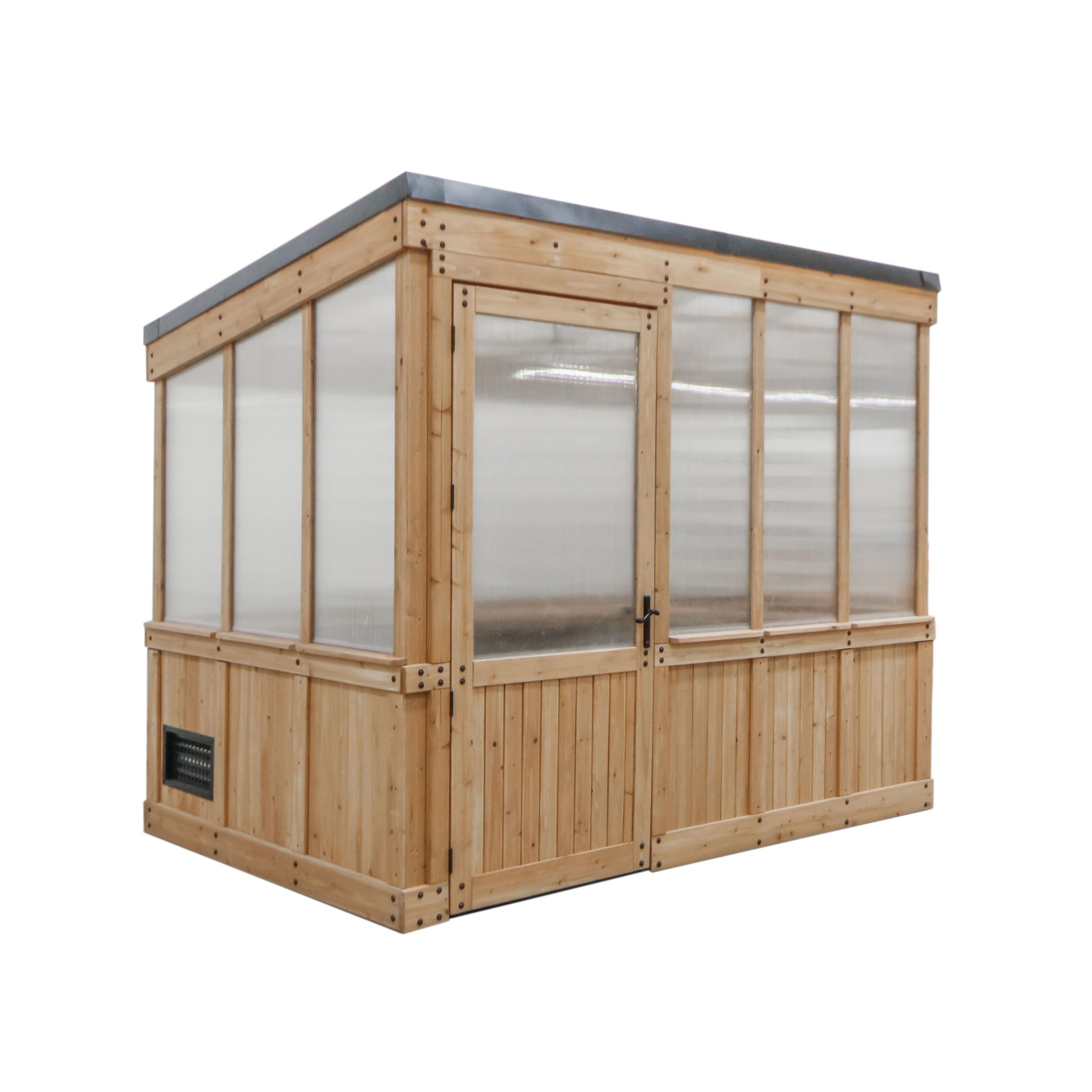 Backyard Discovery Zalie 11' x 7' Cedar Wood and Polycarbonate Walk-in Greenhouse Kit with Exhaust Fan, Windows, Hose Hook-Ups, PowerPort, Staging Shelves for Year-Round Outdoor Gardening