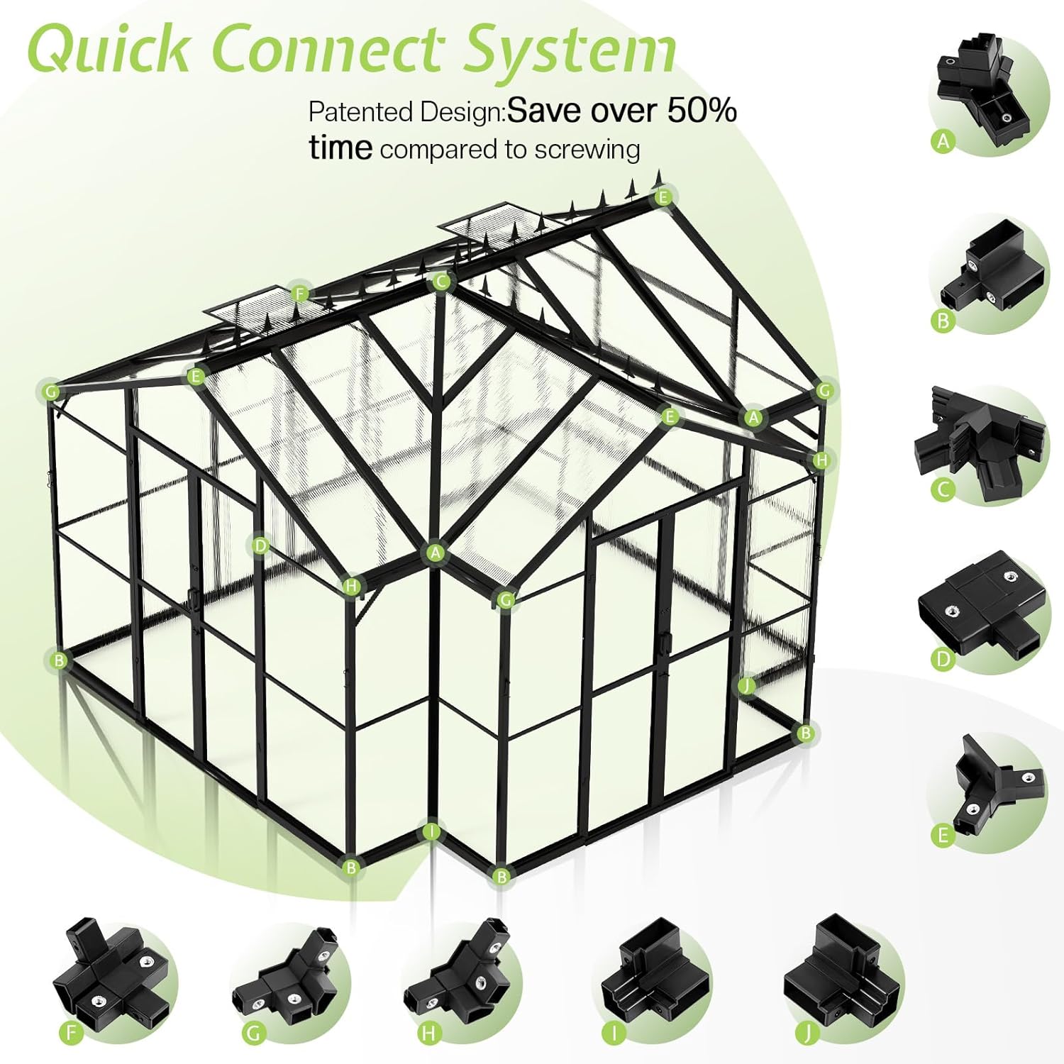 AMERLIFE 12x10x8 FT Hybrid Polycarbonate Greenhouse, Quick-Connect Aluminum Frame with Dual Roof Vents & Double Doors, Walk-in Outdoor Garden Greenhouse with Gutters, Black
