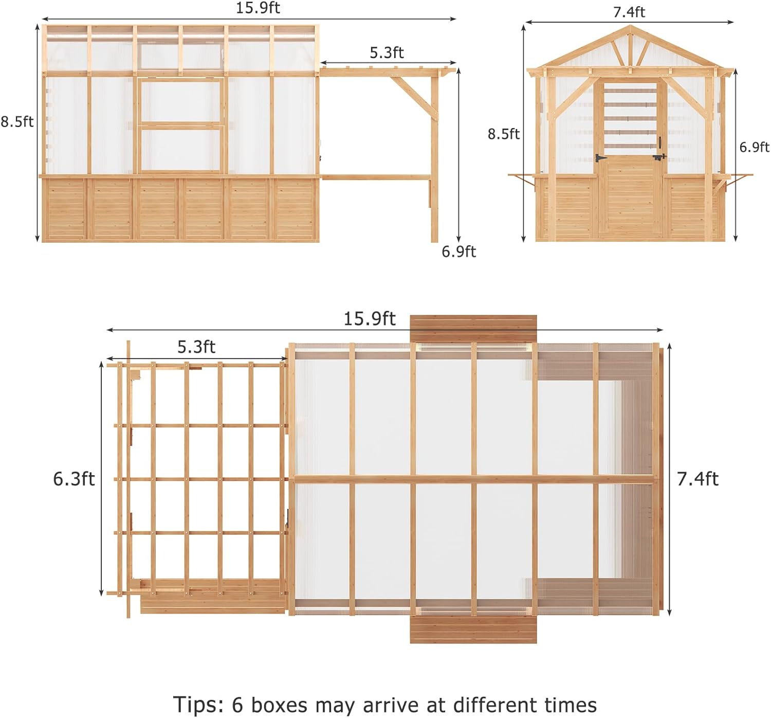 EROMMY 7x16 FT Spruce Wood Greenhouse with Pergola, Large Walk-in Polycarbonate Greenhouse Kit with Top-Hung Windows, Built-in Workstation and Staging Shelves for Backyard Garden