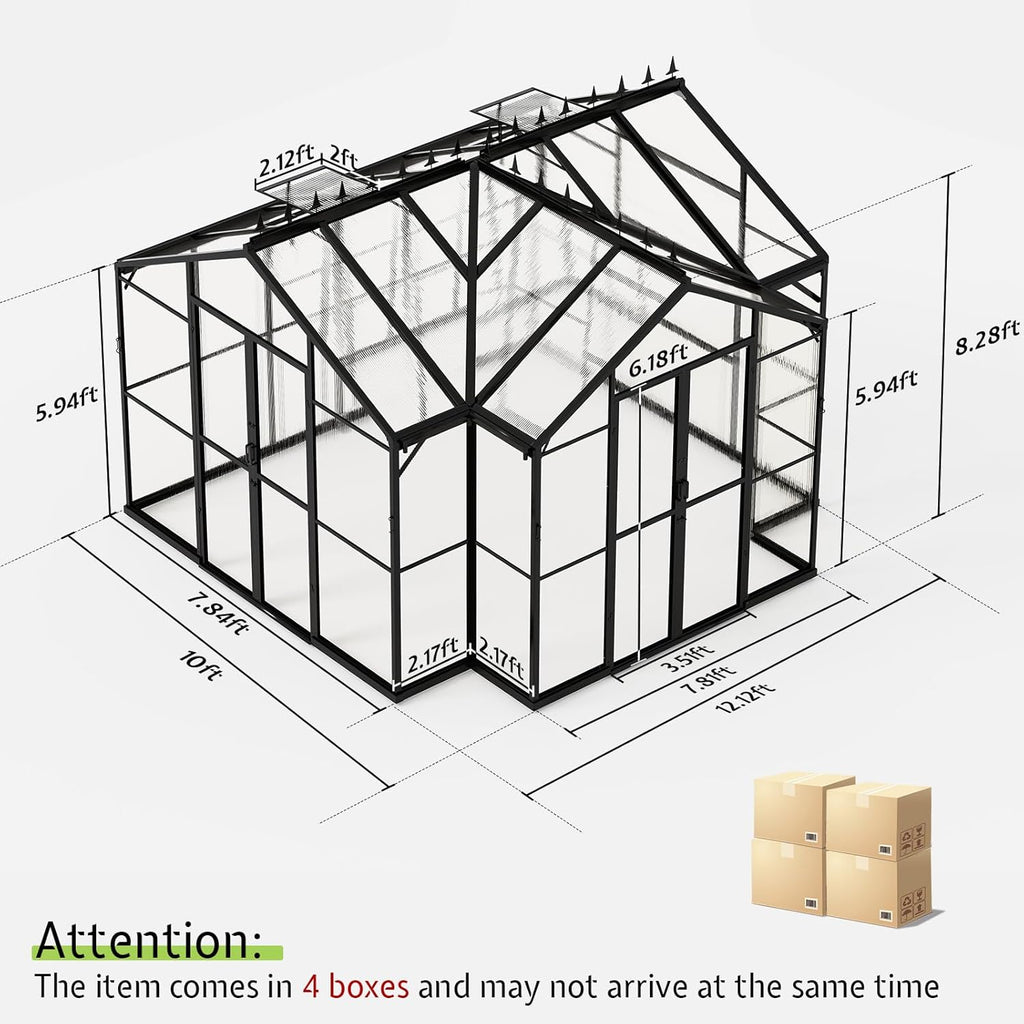 AMERLIFE 12x10x8 FT Hybrid Polycarbonate Greenhouse, Quick-Connect Aluminum Frame with Dual Roof Vents & Double Doors, Walk-in Outdoor Garden Greenhouse with Gutters, Black