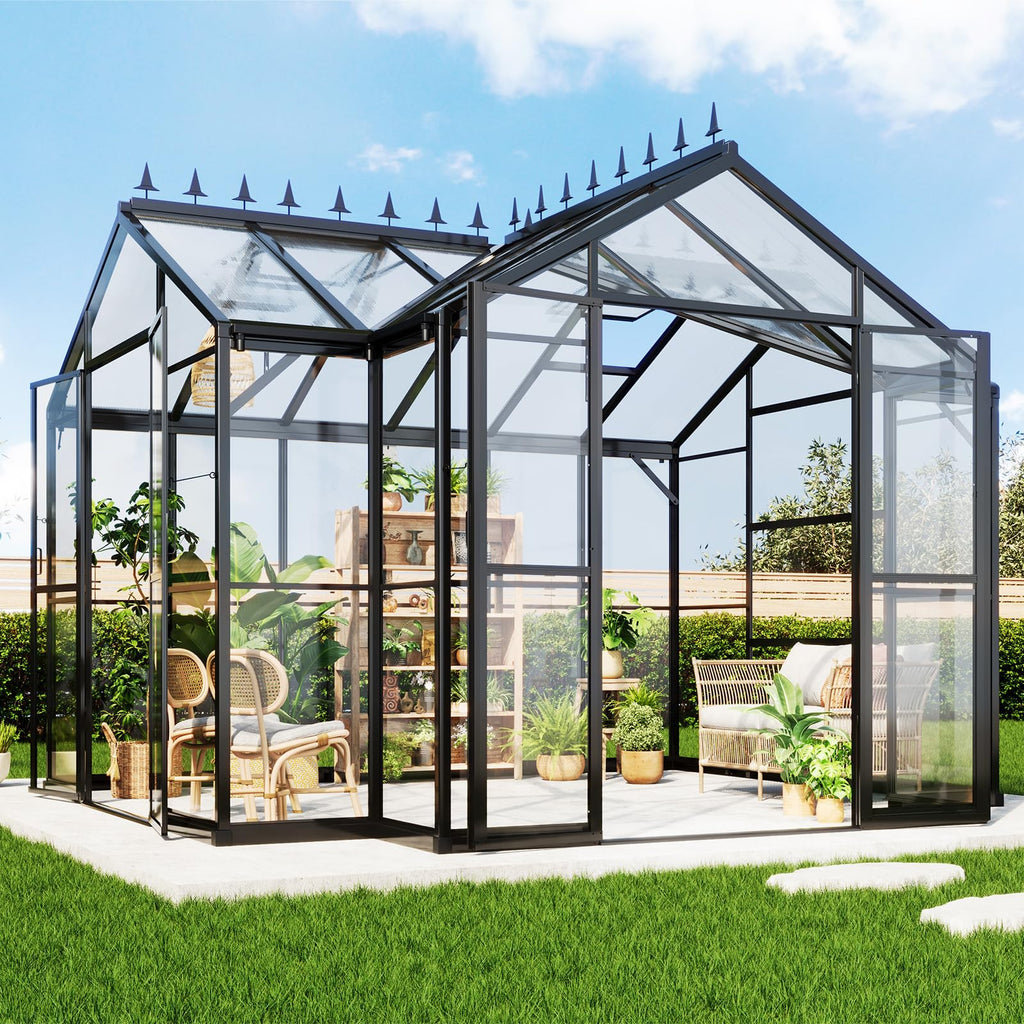 AMERLIFE 16.8 x 12 x 7 FT Outdoor Walk-in Greenhouse, Quick-Lock Assembly, Aluminum Frame with 2 Roof Vents, Double Doors & T-Shaped Design for Backyard/Garden, Black