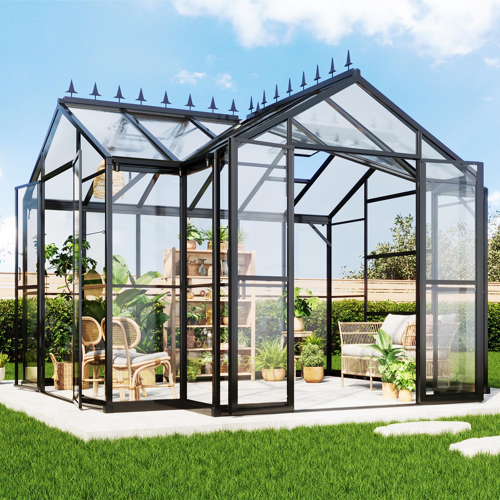 AMERLIFE 16.8 x 12 x 7 FT Outdoor Walk-in Greenhouse, Quick-Lock Assembly, Aluminum Frame with 2 Roof Vents, Double Doors & T-Shaped Design for Backyard/Garden, Black
