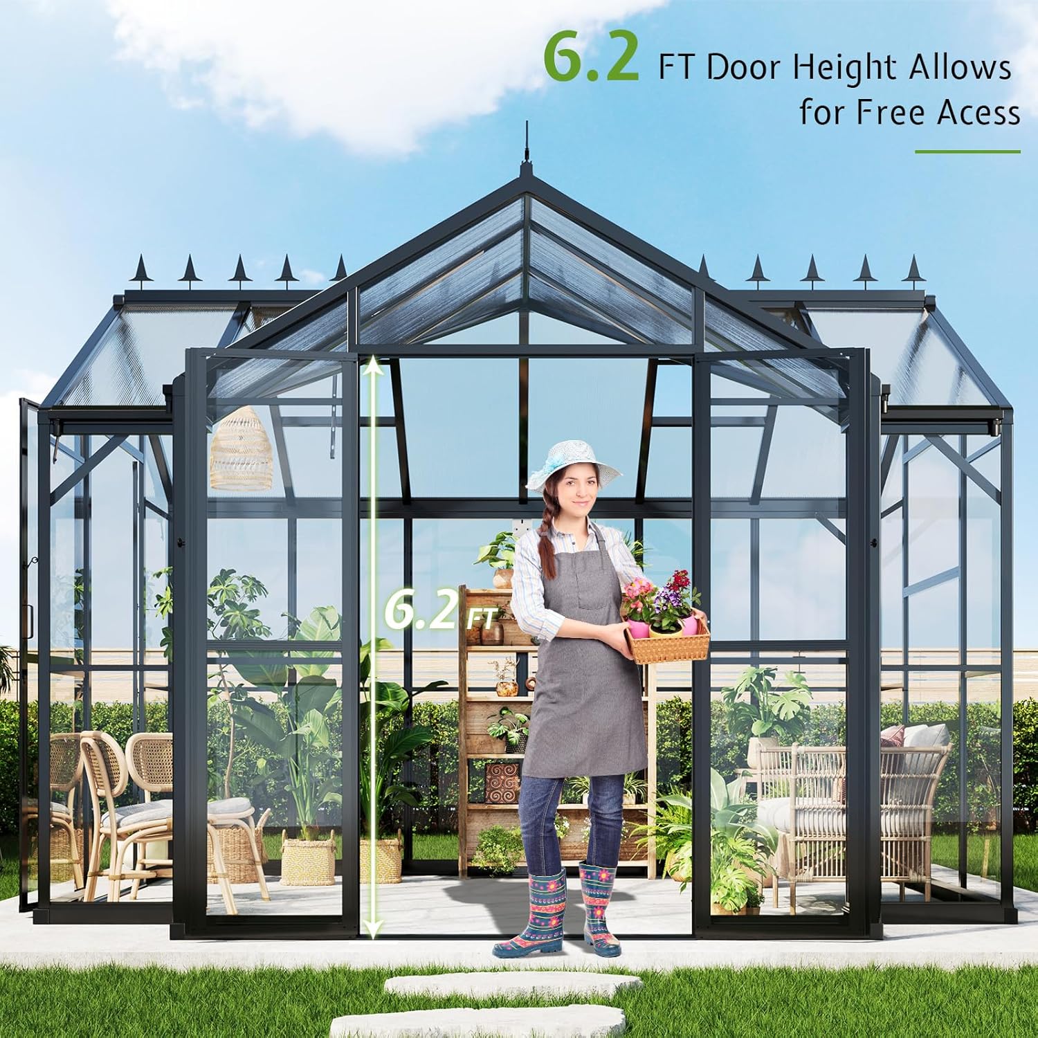 AMERLIFE 12x10x8 FT Hybrid Polycarbonate Greenhouse, Quick-Connect Aluminum Frame with Dual Roof Vents & Double Doors, Walk-in Outdoor Garden Greenhouse with Gutters, Black