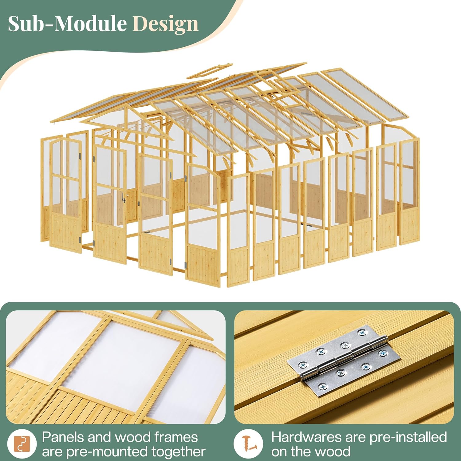 Jocisland 10x13.2 Ft Wood Greenhouse, Wooden Greenhouse for Outdoors with Lockable Door, Walk-in Cedar Greenhouse with Adjustable 2 Roof Vents, Polycarbonate Greenhouse for Outdoors, Garden, Backyard