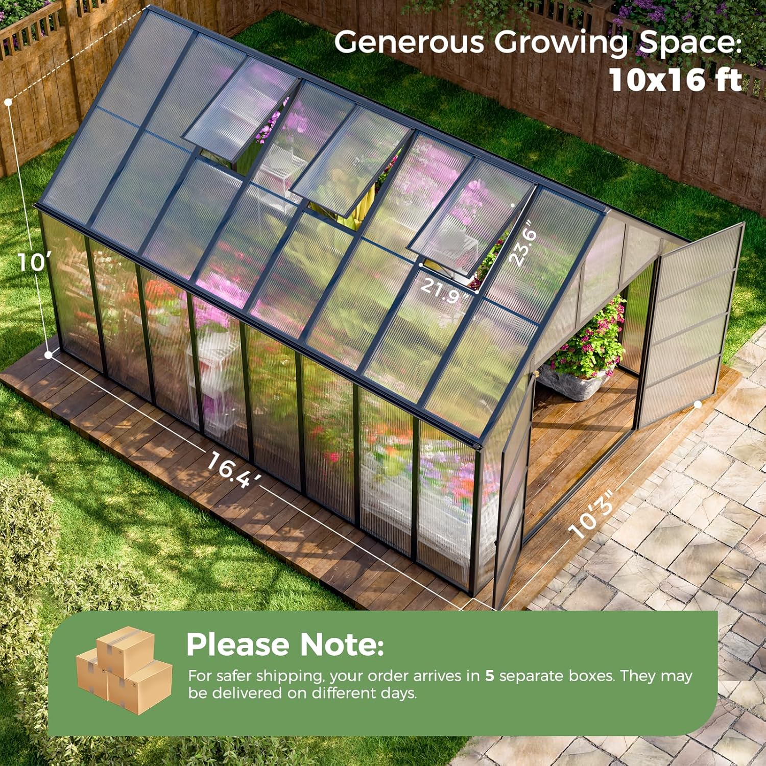 K Knowbody 16x10x10 FT Greenhouse for Outdoors, Large Thicker Aluminum Polycarbonate, 3 Vent Windows, Swing Door & Quick T Connector, Walk-in, for Outside, Backyard, Garden