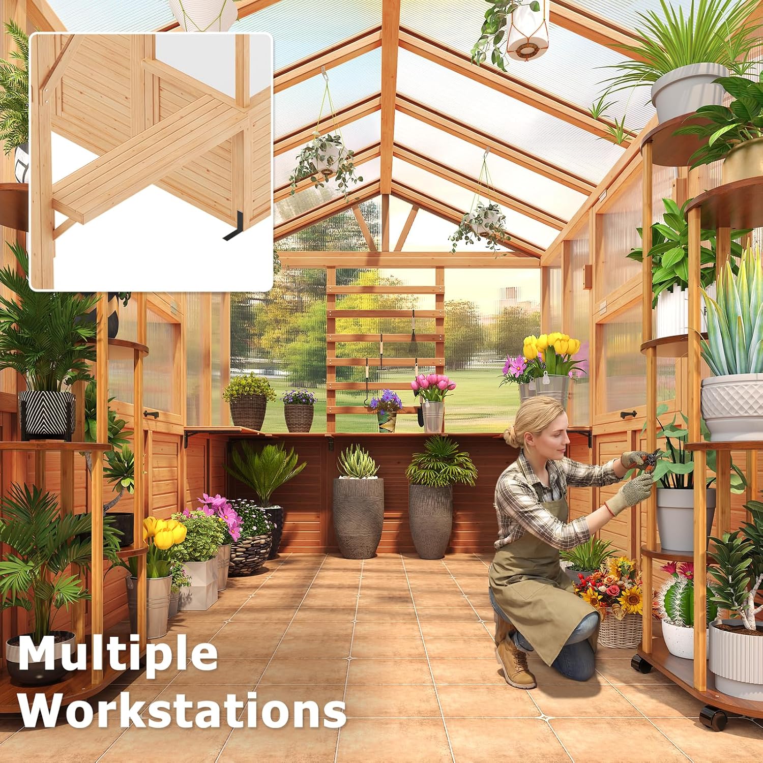 EROMMY 7x16 FT Spruce Wood Greenhouse with Pergola, Large Walk-in Polycarbonate Greenhouse Kit with Top-Hung Windows, Built-in Workstation and Staging Shelves for Backyard Garden