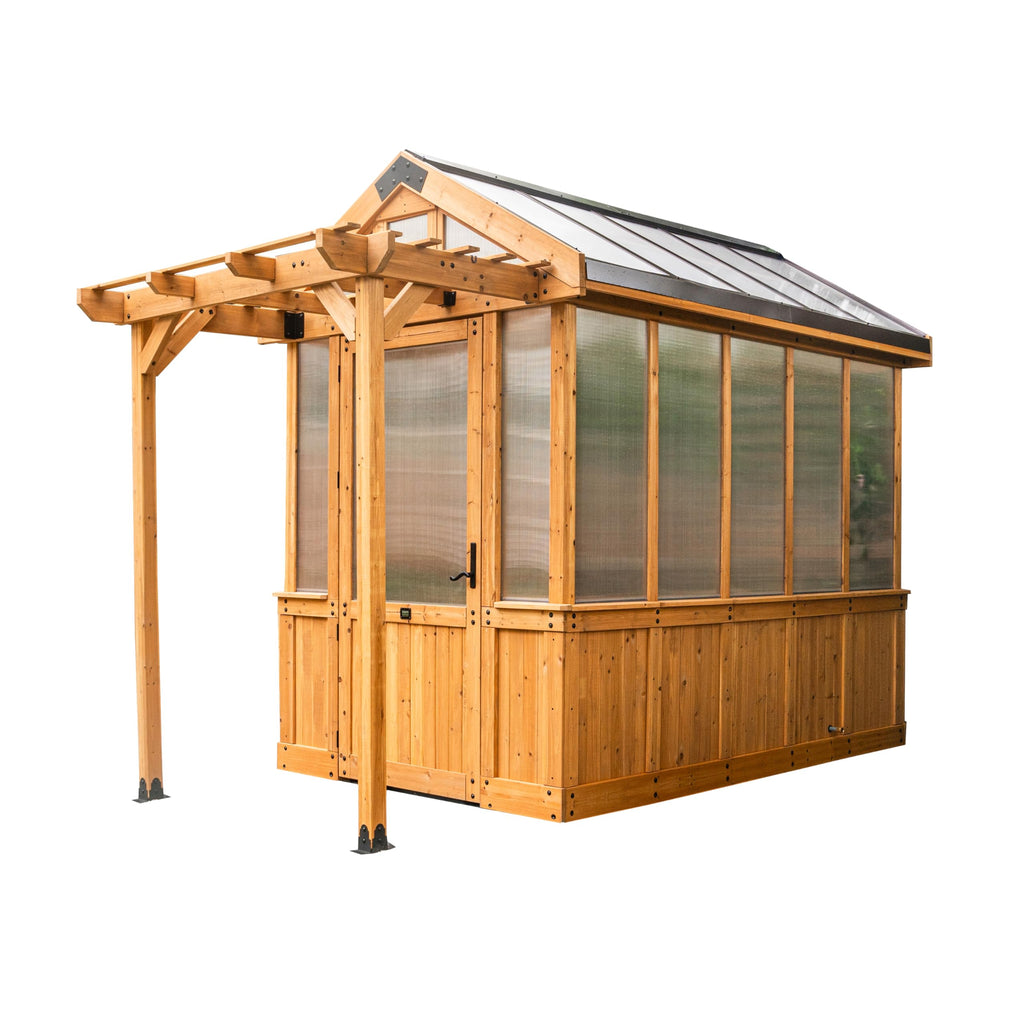 Backyard Discovery Bellerose 11' x 7' Cedar Wood and Polycarbonate Walk-In Greenhouse Kit with Pergola, Exhaust Fan, Windows, Hose Hook-Ups, PowerPort, Staging Shelves for Year-Round Outdoor Gardening