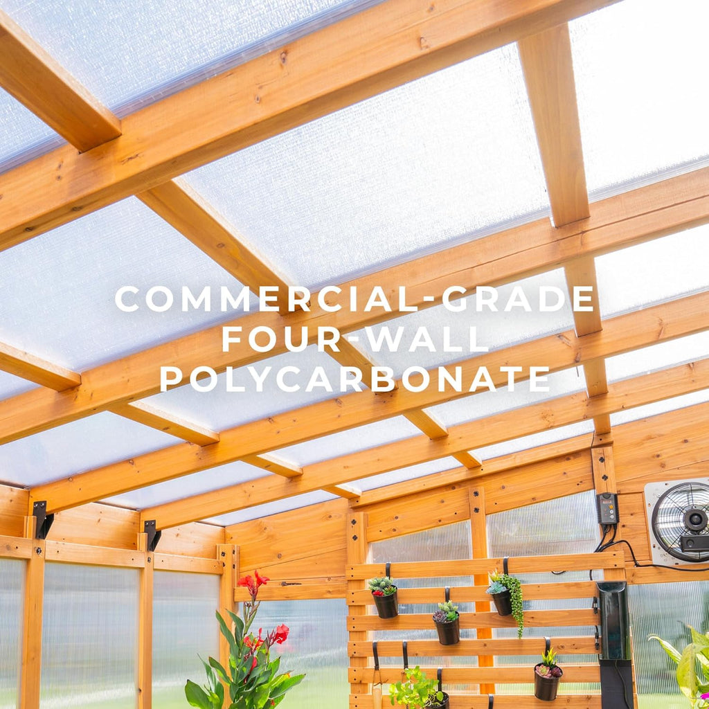 Backyard Discovery Willow 9' x 6' Cedar Wood and Polycarbonate Walk-in Greenhouse Kit with Exhaust Fan, Windows, Hose Hook-Ups, PowerPort, Staging Shelves for Year-Round Outdoor Gardening