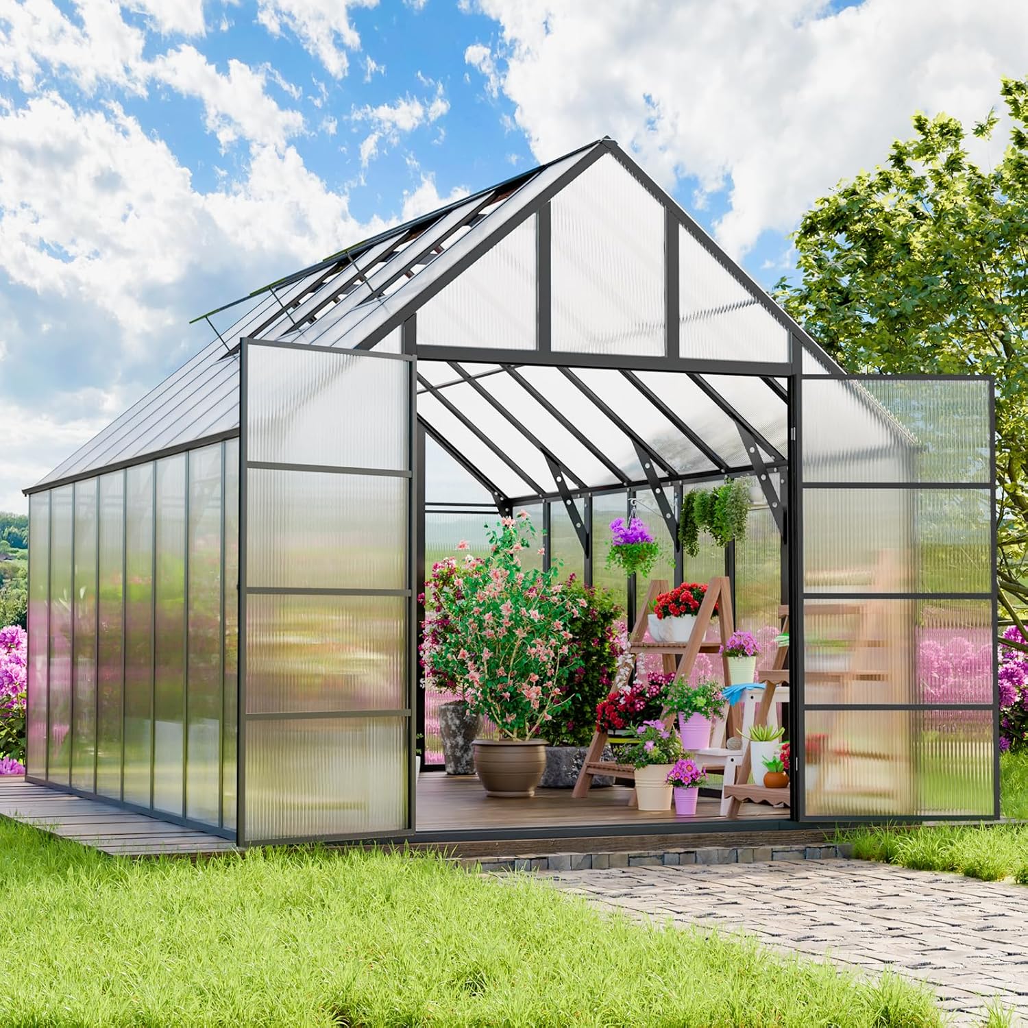 K Knowbody 16x10x10 FT Greenhouse for Outdoors, Large Thicker Aluminum Polycarbonate, 3 Vent Windows, Swing Door & Quick T Connector, Walk-in, for Outside, Backyard, Garden