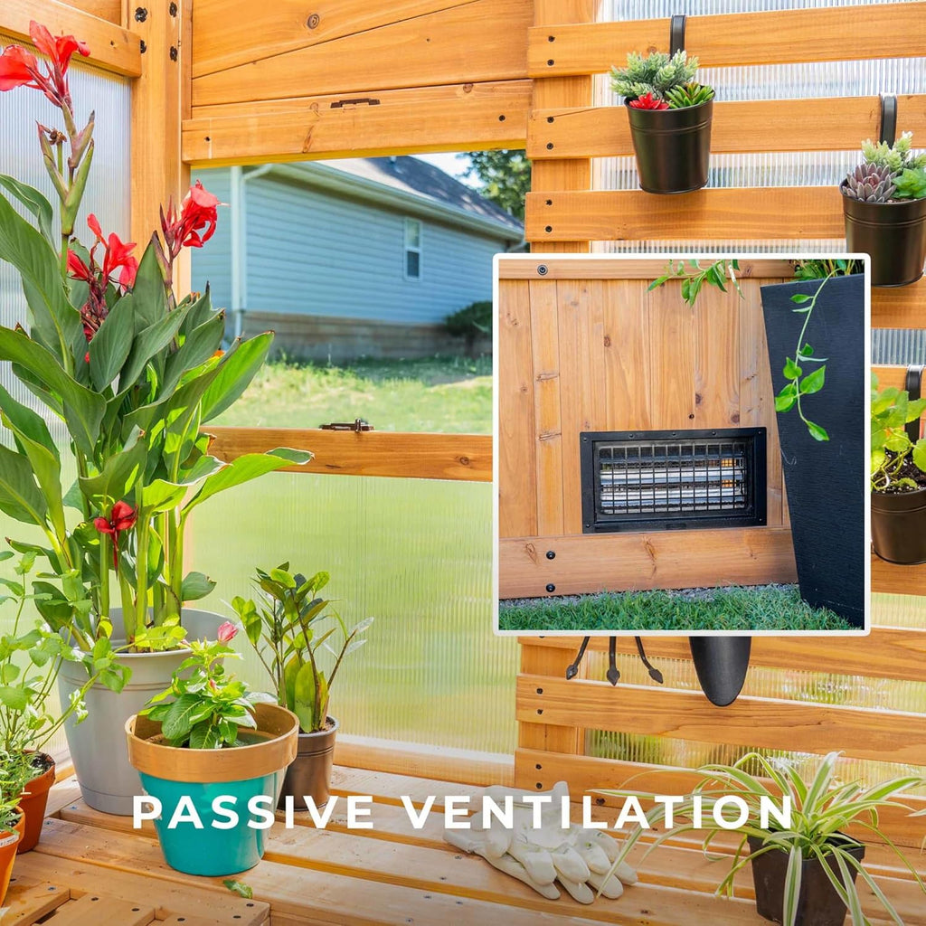 Backyard Discovery Zalie 11' x 7' Cedar Wood and Polycarbonate Walk-in Greenhouse Kit with Exhaust Fan, Windows, Hose Hook-Ups, PowerPort, Staging Shelves for Year-Round Outdoor Gardening