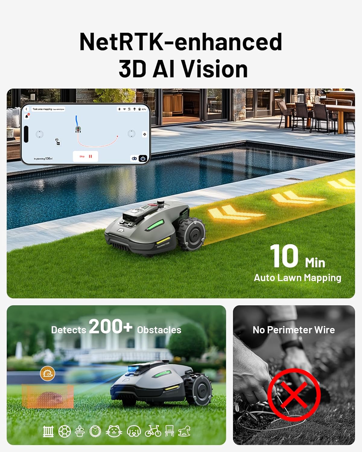 Mammotion YUKA mini 800H Robotic Lawn Mower, Reception 0.2 Acre, No Wire, No RTK Installation, Free NetRTK+AI Vision Positioning, 50% Slope, 15 Mowing Zones, Cutting Height 2''~3.5''