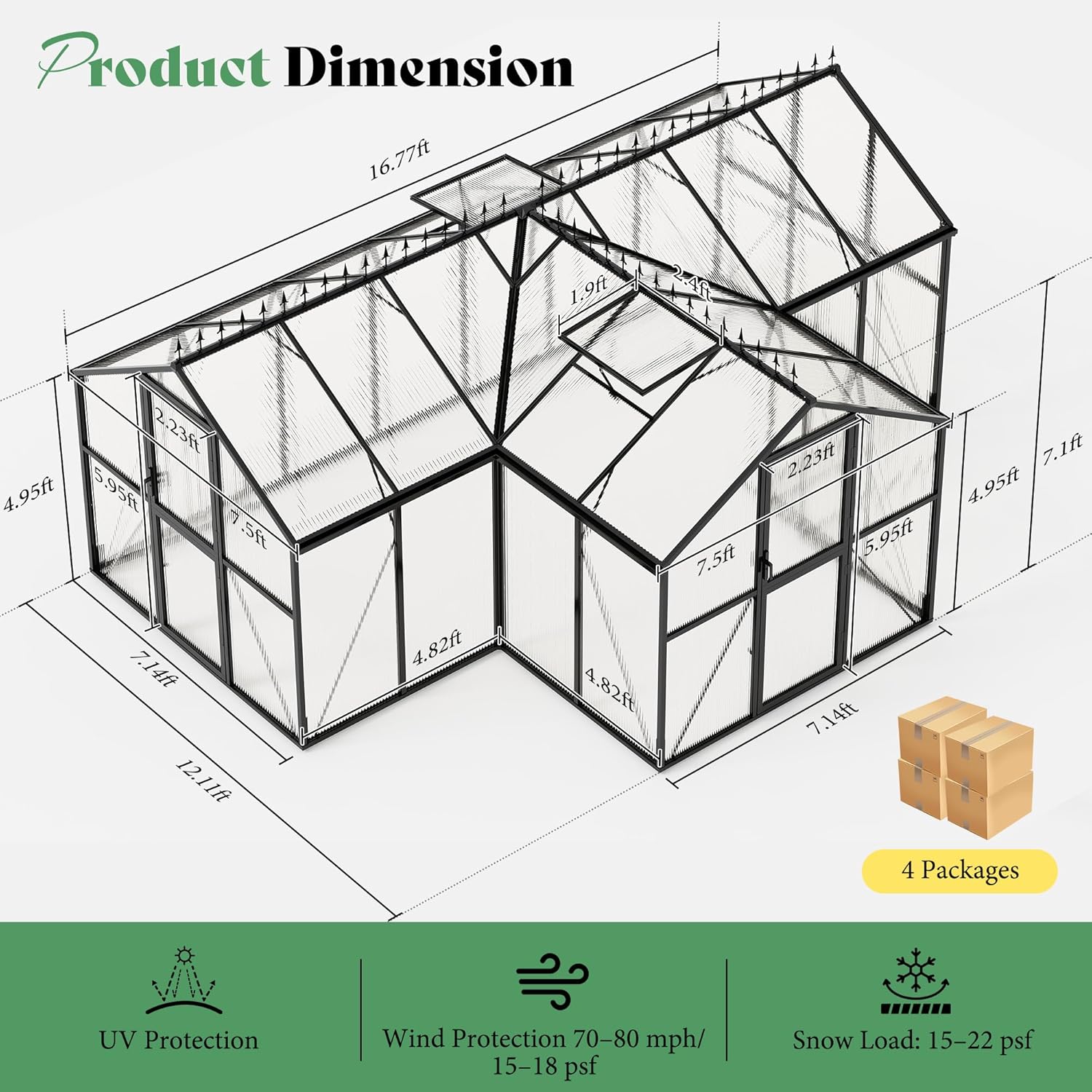 AMERLIFE 16.8 x 12 x 7 FT Outdoor Walk-in Greenhouse, Quick-Lock Assembly, Aluminum Frame with 2 Roof Vents, Double Doors & T-Shaped Design for Backyard/Garden, Black