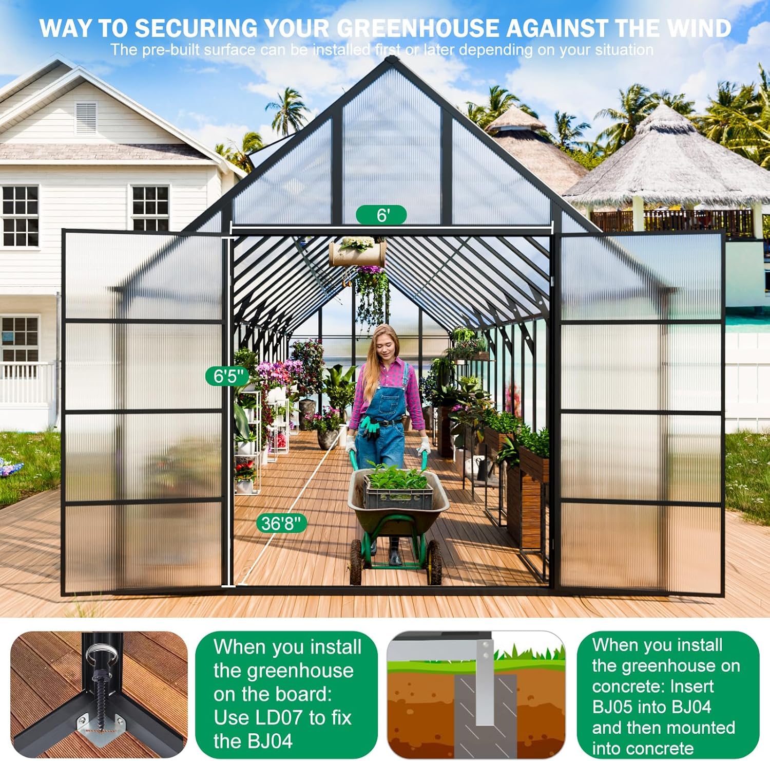 CDCASA 10x36 FT Greenhouse for Outdoors,Large Easy Assembly Thicker Aluminum Polycarbonate Greenhouses w/8 Windows, Double Door, Walk-in Green House for Outside,Patio,Backyard,Garden