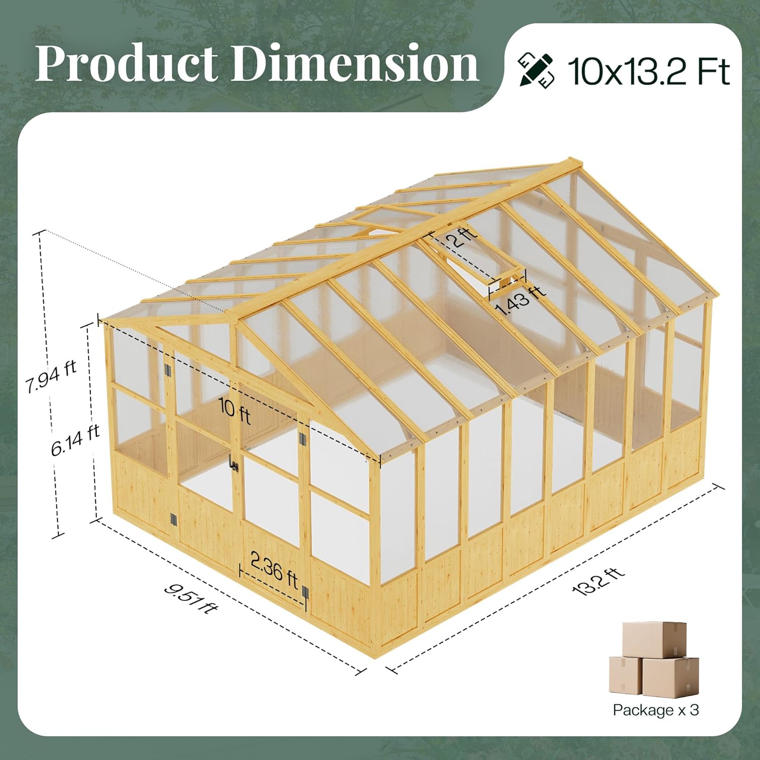 Jocisland 10x13.2 Ft Wood Greenhouse, Wooden Greenhouse for Outdoors with Lockable Door, Walk-in Cedar Greenhouse with Adjustable 2 Roof Vents, Polycarbonate Greenhouse for Outdoors, Garden, Backyard