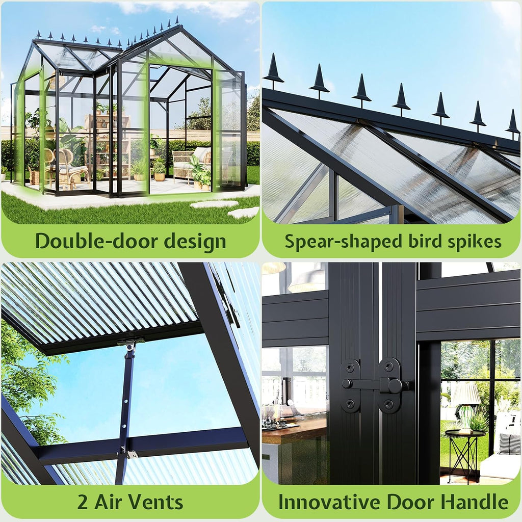AMERLIFE 12x10x8 FT Hybrid Polycarbonate Greenhouse, Quick-Connect Aluminum Frame with Dual Roof Vents & Double Doors, Walk-in Outdoor Garden Greenhouse with Gutters, Black