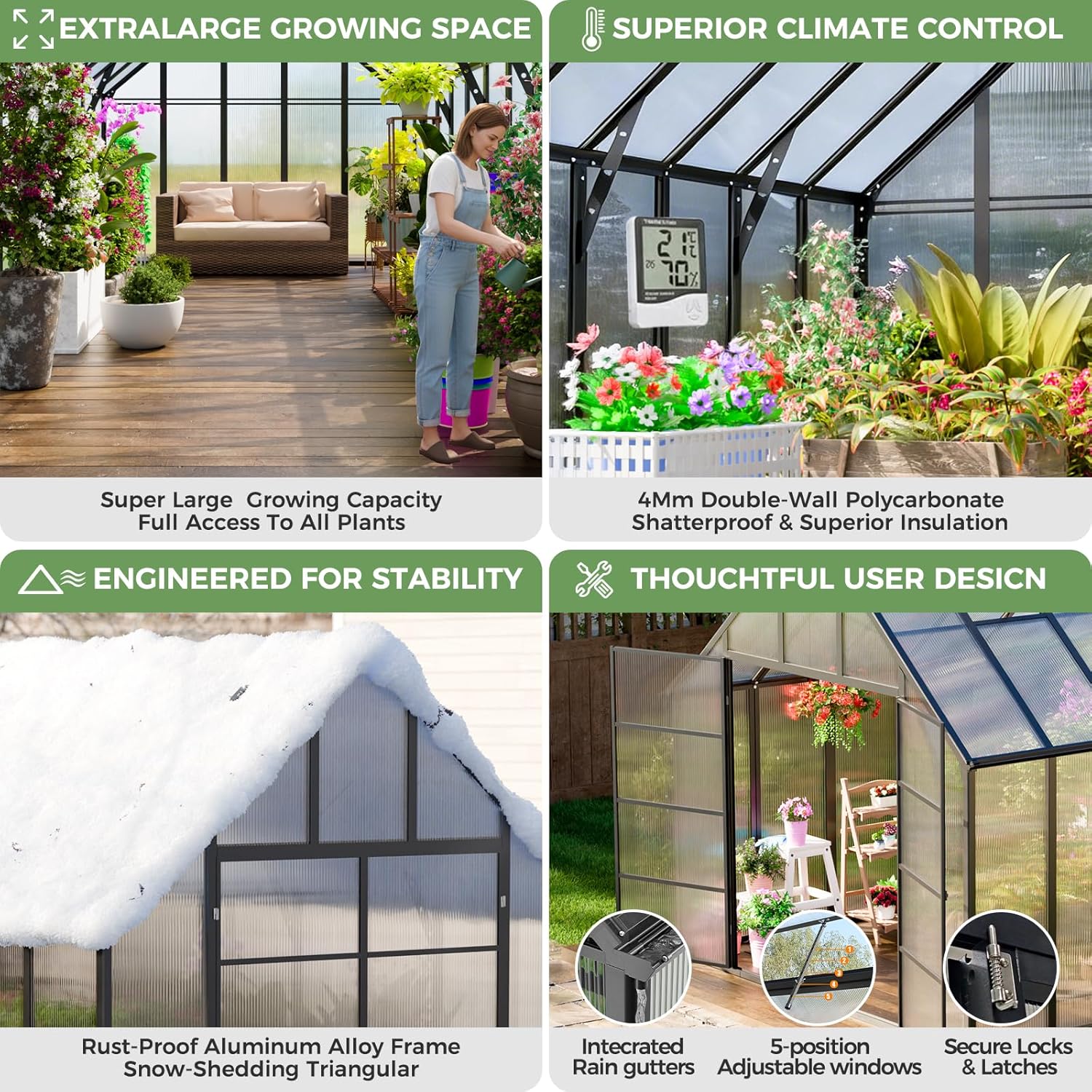 K Knowbody 16x10x10 FT Greenhouse for Outdoors, Large Thicker Aluminum Polycarbonate, 3 Vent Windows, Swing Door & Quick T Connector, Walk-in, for Outside, Backyard, Garden