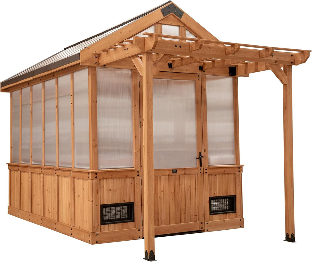 Backyard Discovery Bellerose 11' x 7' Cedar Wood and Polycarbonate Walk-In Greenhouse Kit with Pergola, Exhaust Fan, Windows, Hose Hook-Ups, PowerPort, Staging Shelves for Year-Round Outdoor Gardening