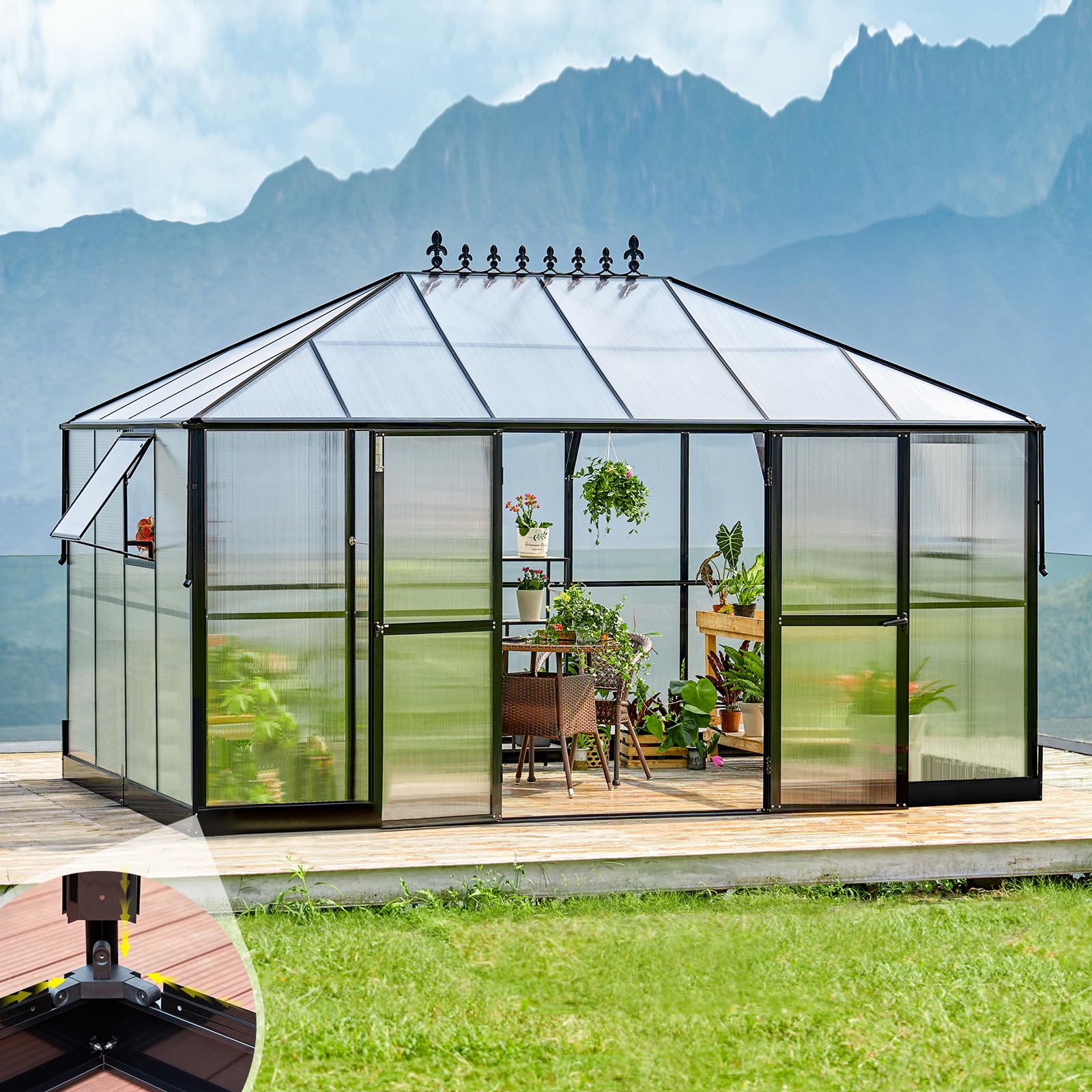 AMERLIFE 12x13.5x9 FT Hybrid Polycarbonate Greenhouse with Quick Connector Fast Assembly Clear Panels, Walk-in Large Aluminum Greenhouses for Outdoors, Swing 2 Doors 4 Vents, Black