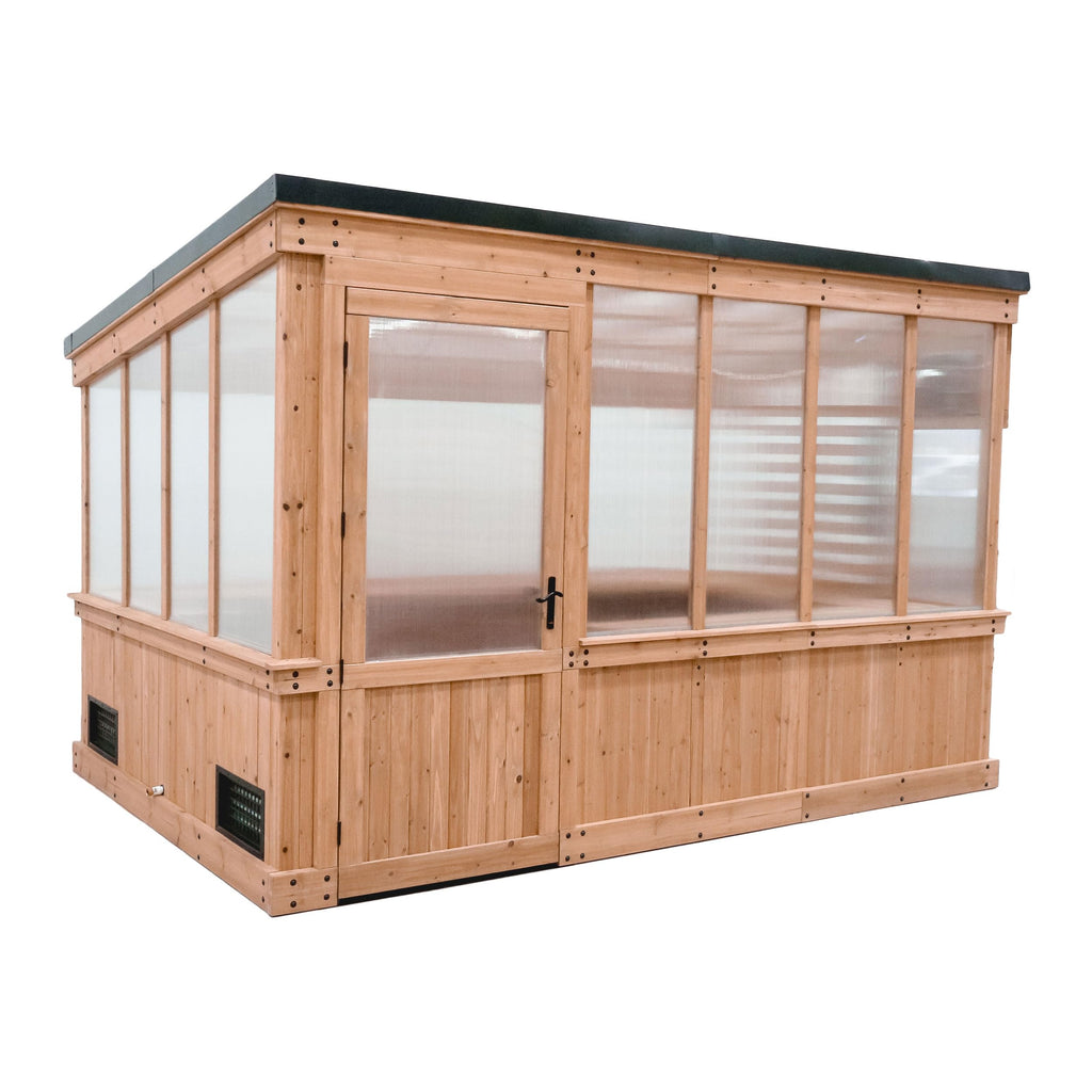 Backyard Discovery Willow 9' x 6' Cedar Wood and Polycarbonate Walk-in Greenhouse Kit with Exhaust Fan, Windows, Hose Hook-Ups, PowerPort, Staging Shelves for Year-Round Outdoor Gardening
