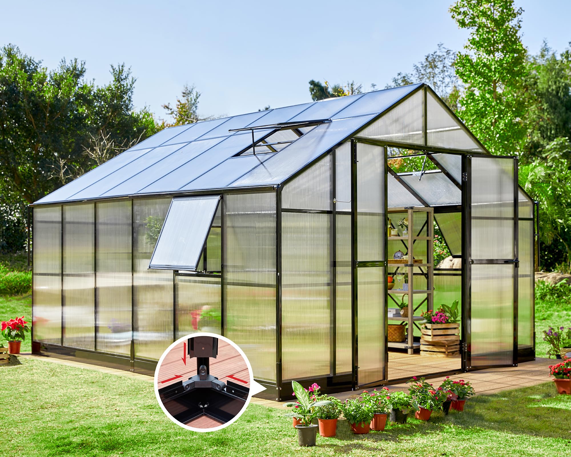 AMERLIFE 12x13.5x9 FT Hybrid Polycarbonate Greenhouse with Quick Connector Fast Assembly Clear Panels, Walk-in Large Aluminum Greenhouses for Outdoors, Swing 2 Doors 4 Vents, Black
