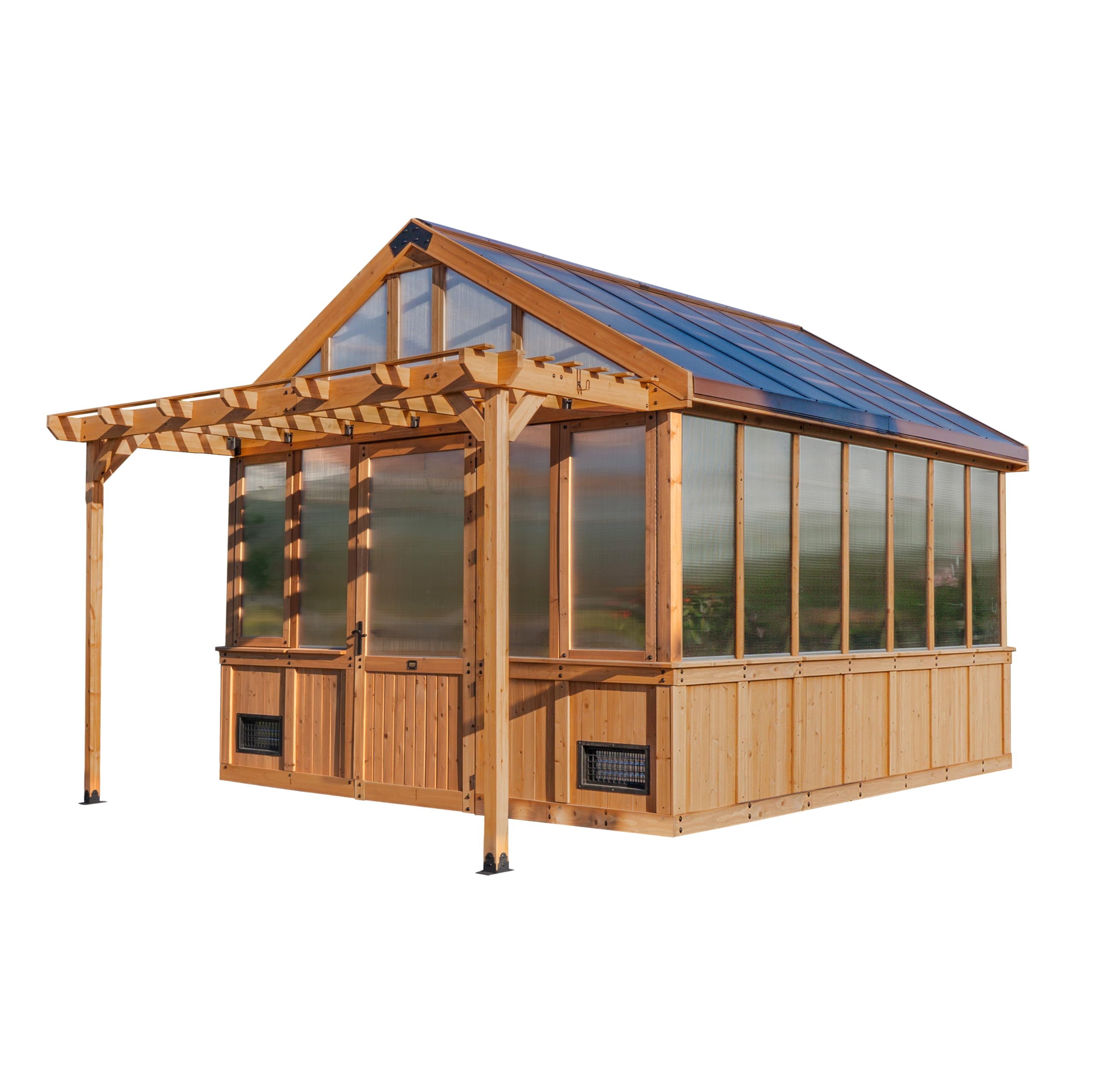 Backyard Discovery Bellerose 11' x 7' Cedar Wood and Polycarbonate Walk-In Greenhouse Kit with Pergola, Exhaust Fan, Windows, Hose Hook-Ups, PowerPort, Staging Shelves for Year-Round Outdoor Gardening