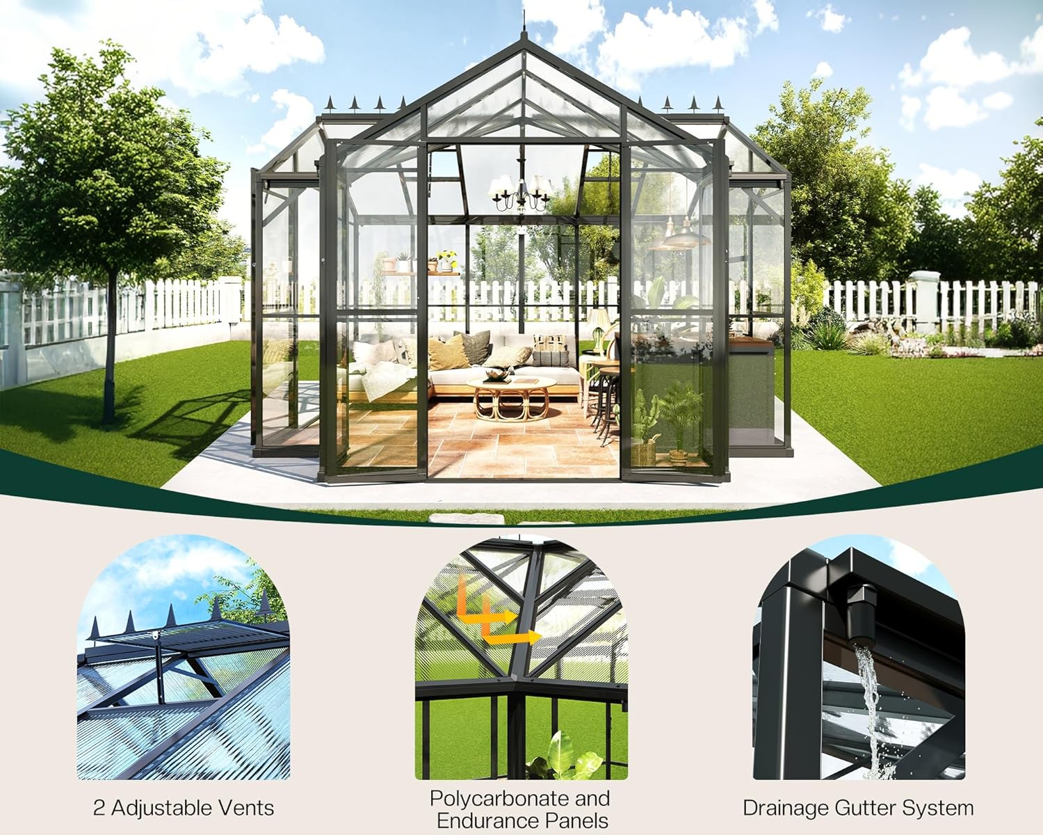 HOWE 12x10x8 FT Outdoor Greenhouse, Quick-Connect Aluminum Frame with 2 Vents, Dual Hinged Doors, UV-Protective Panels, Walk-in Chalet-Style Garden Greenhouse for Backyard, Black
