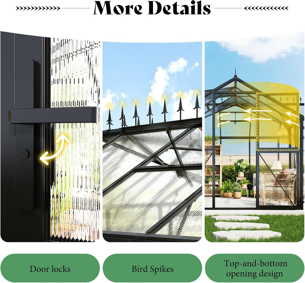 AMERLIFE 16.8 x 12 x 7 FT Outdoor Walk-in Greenhouse, Quick-Lock Assembly, Aluminum Frame with 2 Roof Vents, Double Doors & T-Shaped Design for Backyard/Garden, Black