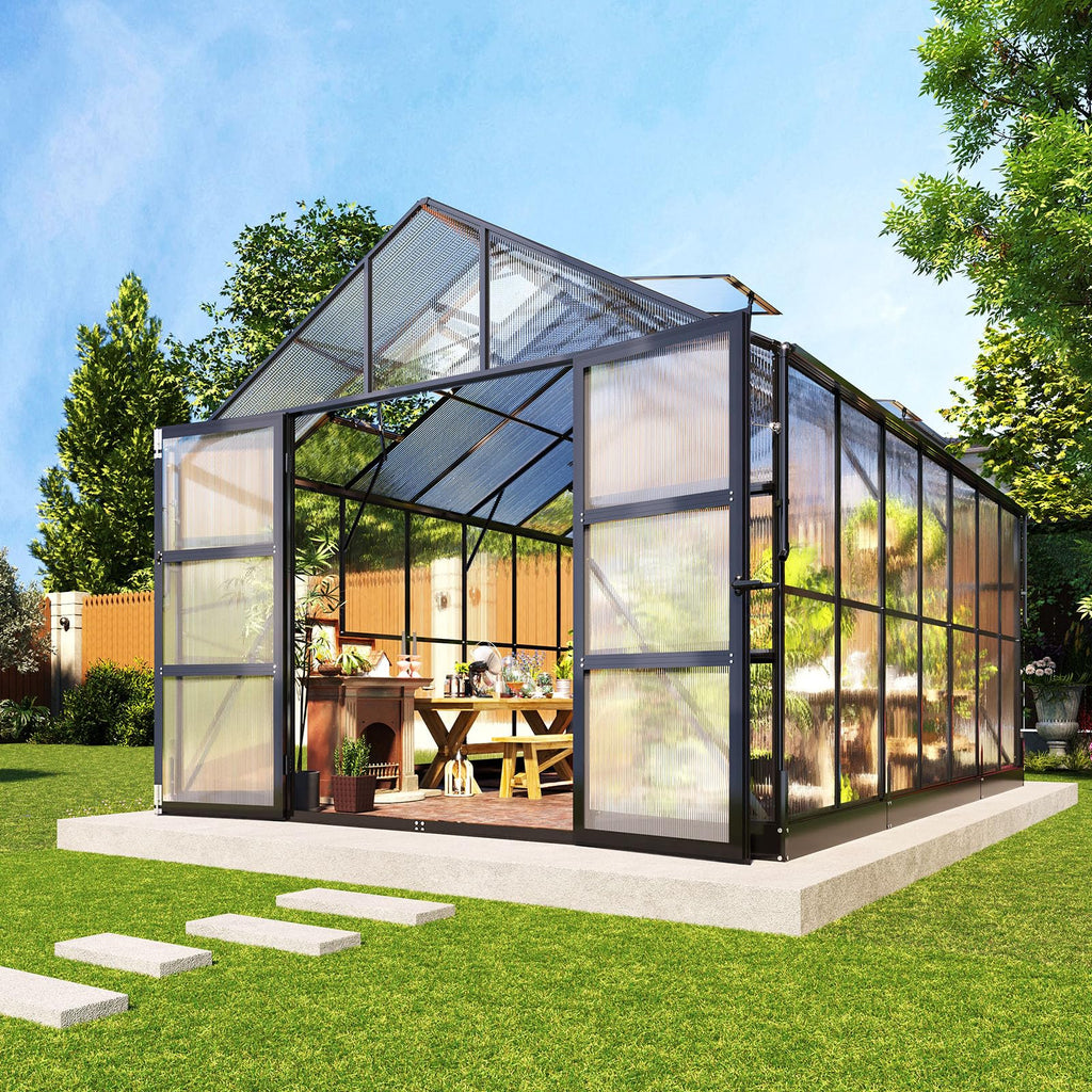 AMERLIFE 10x18x8.4 FT Polycarbonate Greenhouse with 4 Roof Vents & Rain Gutter, Heavy Duty Aluminum Greenhouse for Outdoor Garden Backyard, Black