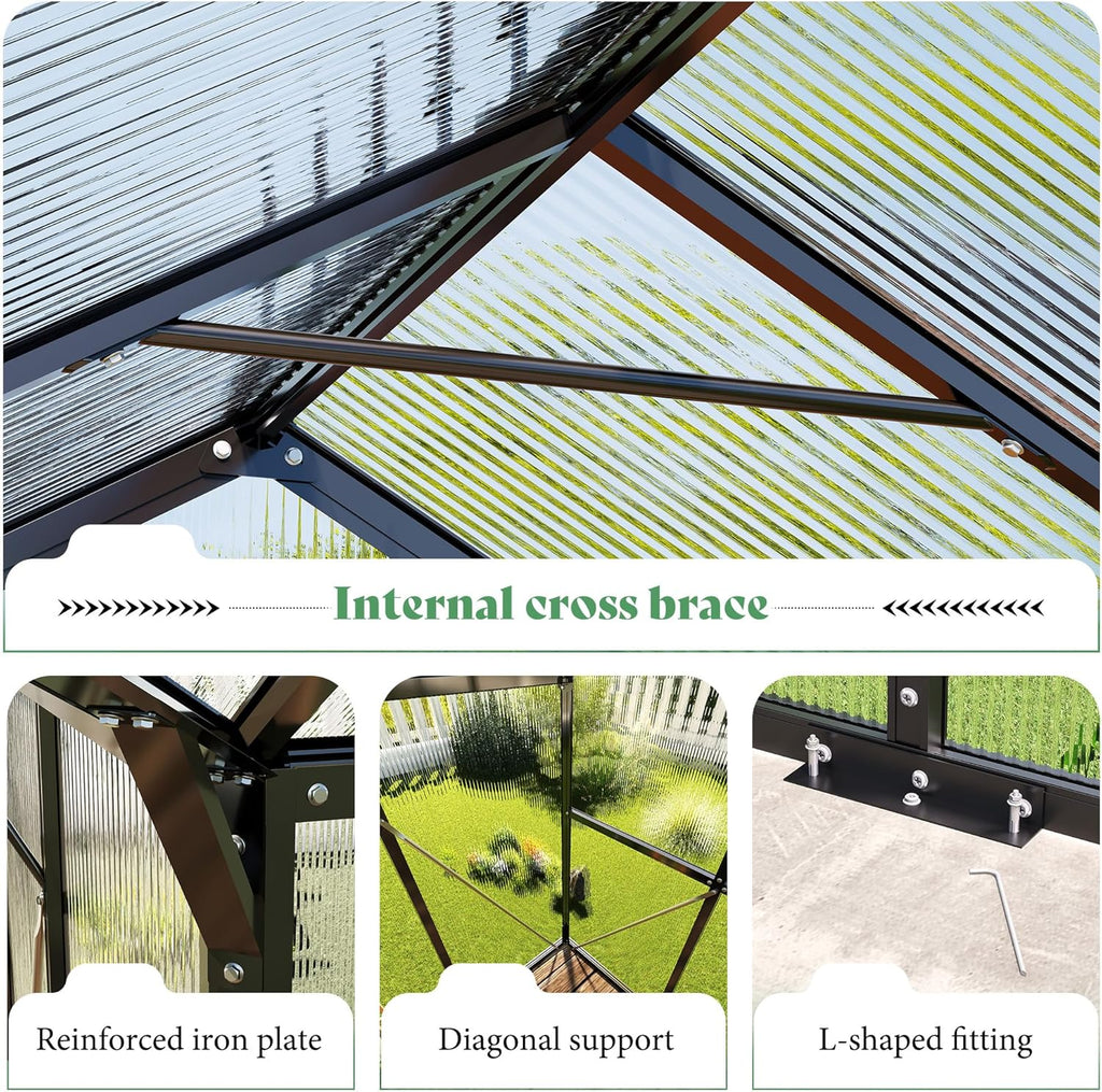 AMERLIFE 16.8 x 12 x 7 FT Outdoor Walk-in Greenhouse, Quick-Lock Assembly, Aluminum Frame with 2 Roof Vents, Double Doors & T-Shaped Design for Backyard/Garden, Black