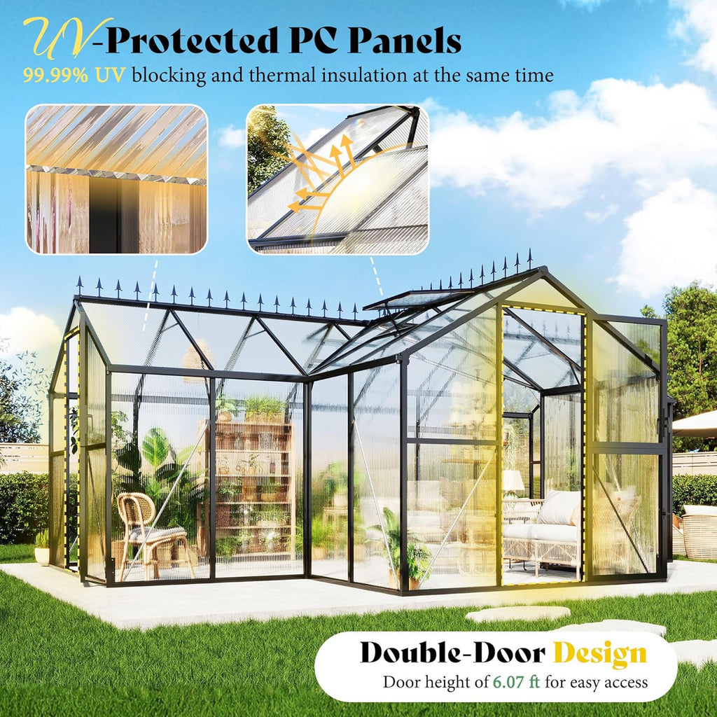 AMERLIFE 16.8 x 12 x 7 FT Outdoor Walk-in Greenhouse, Quick-Lock Assembly, Aluminum Frame with 2 Roof Vents, Double Doors & T-Shaped Design for Backyard/Garden, Black