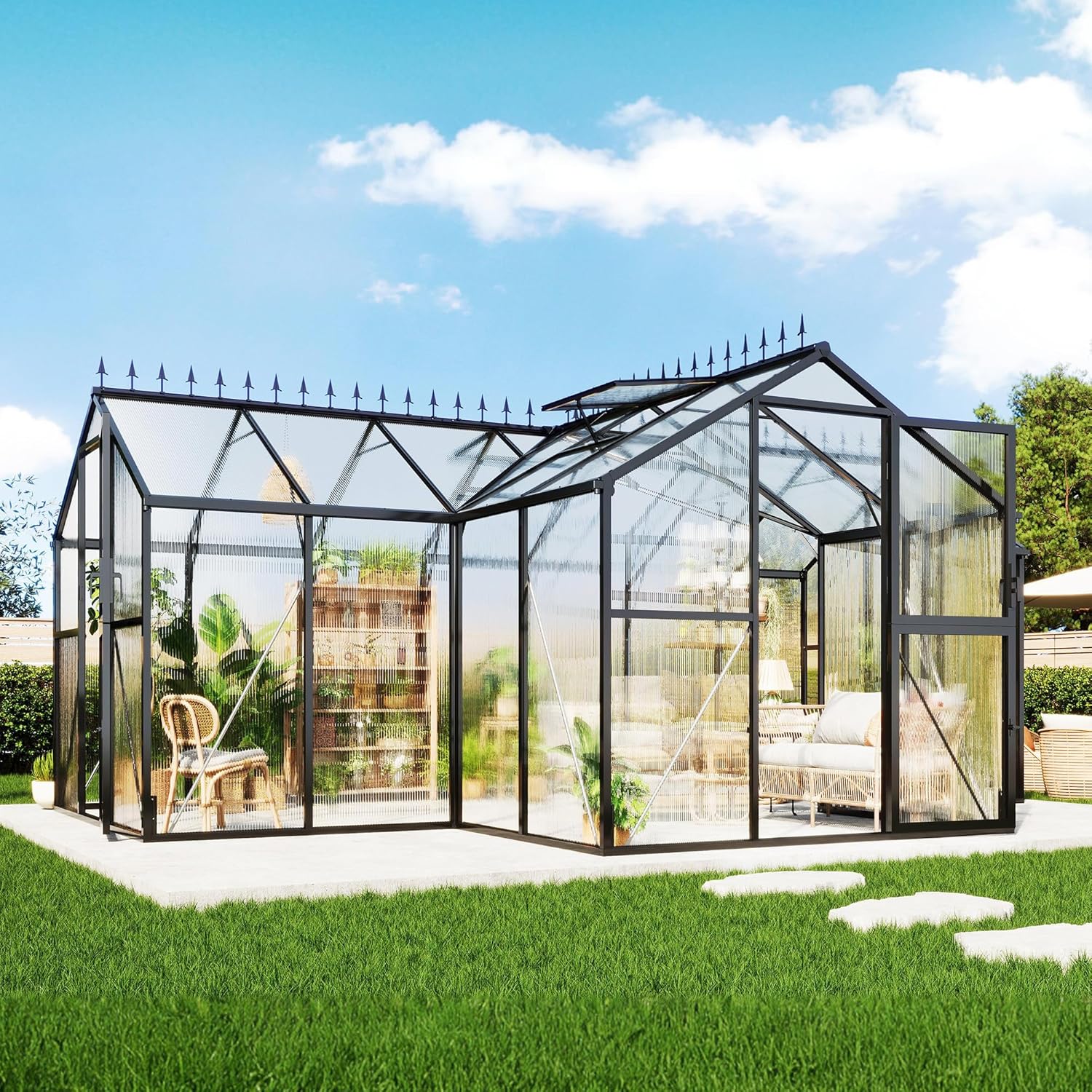 AMERLIFE 16.8 x 12 x 7 FT Outdoor Walk-in Greenhouse, Quick-Lock Assembly, Aluminum Frame with 2 Roof Vents, Double Doors & T-Shaped Design for Backyard/Garden, Black