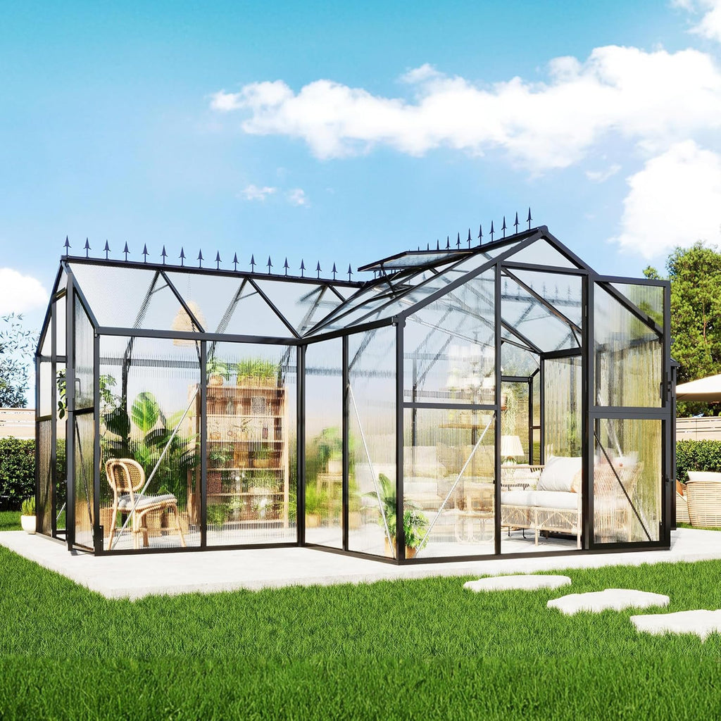 AMERLIFE 16.8 x 12 x 7 FT Outdoor Walk-in Greenhouse, Quick-Lock Assembly, Aluminum Frame with 2 Roof Vents, Double Doors & T-Shaped Design for Backyard/Garden, Black