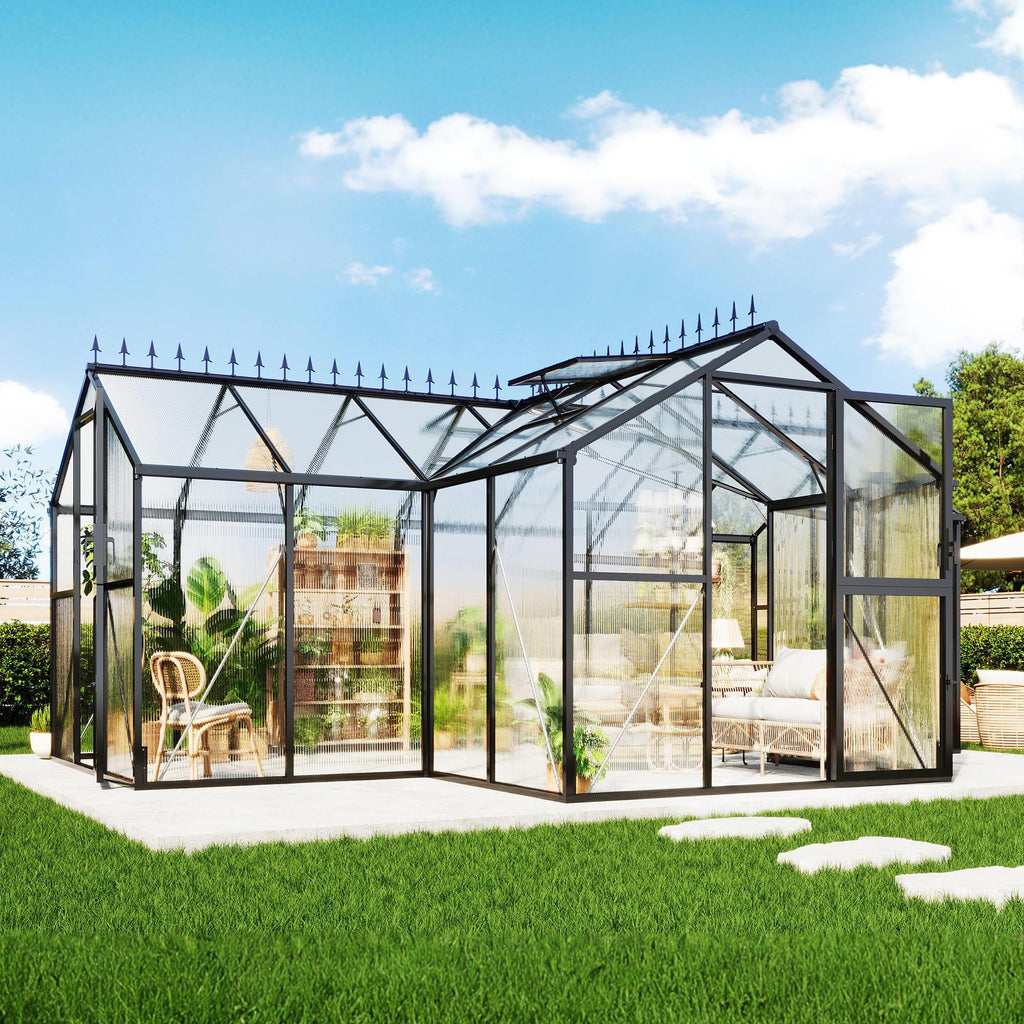 AMERLIFE 12x10x8 FT Hybrid Polycarbonate Greenhouse, Quick-Connect Aluminum Frame with Dual Roof Vents & Double Doors, Walk-in Outdoor Garden Greenhouse with Gutters, Black