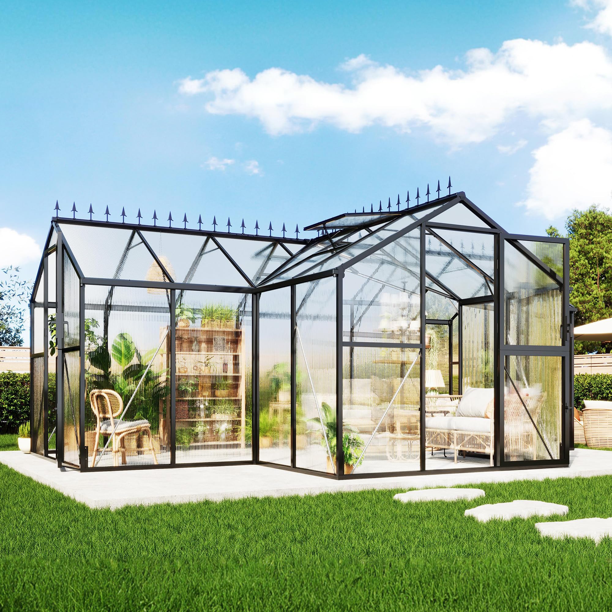 AMERLIFE 12x10x8 FT Hybrid Polycarbonate Greenhouse, Quick-Connect Aluminum Frame with Dual Roof Vents & Double Doors, Walk-in Outdoor Garden Greenhouse with Gutters, Black