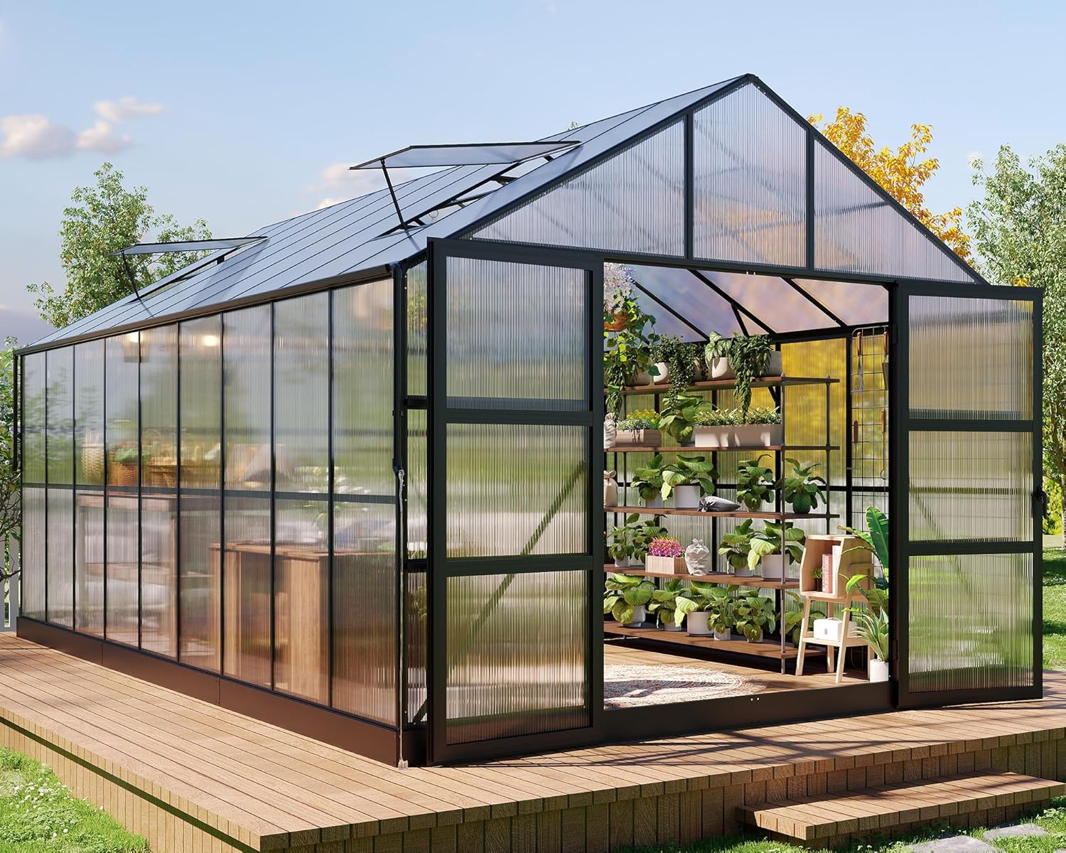 HOWE 10x18x8.4FT Polycarbonate Greenhouse, Heavy Duty Greenhouse for Outdoors with 4 Vent Windows, Black