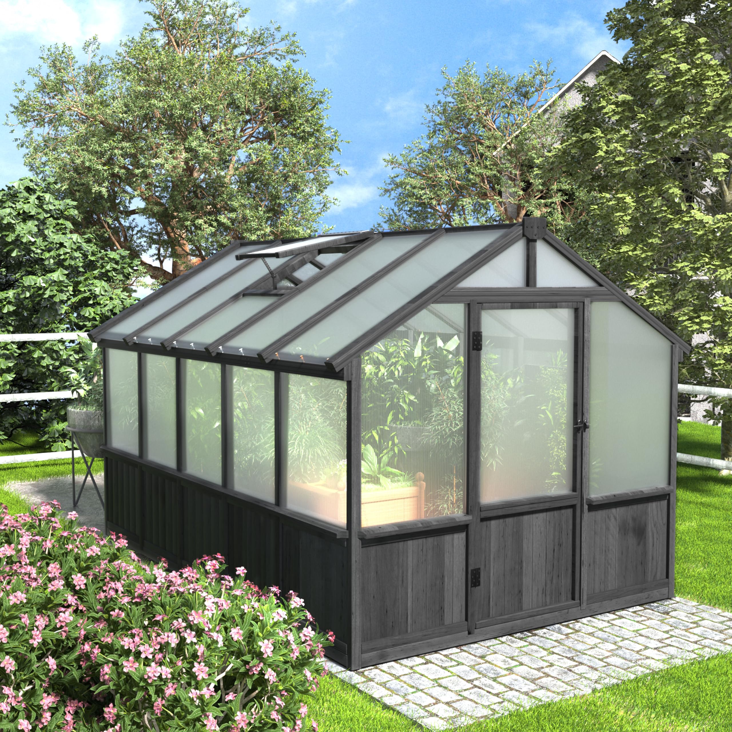 BlueWish 8x16FT Wood Greenhouse, Greenhouses with Cedar Frame, 6MM Thick Polycarbonate Panel, Wooden Green House with Adjustable Vent, Greenhouse for Outdoor, Patio, Garden, Backyard