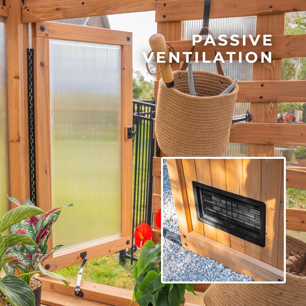 Backyard Discovery Bellerose 11' x 7' Cedar Wood and Polycarbonate Walk-In Greenhouse Kit with Pergola, Exhaust Fan, Windows, Hose Hook-Ups, PowerPort, Staging Shelves for Year-Round Outdoor Gardening