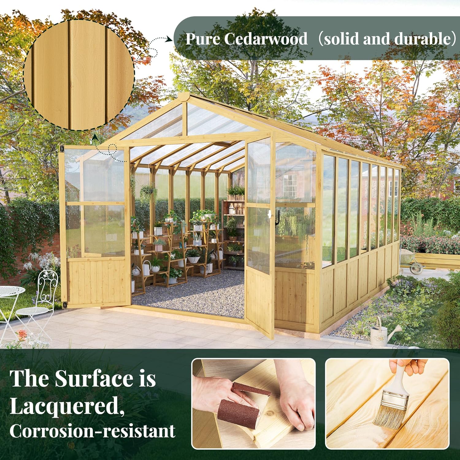 Jocisland 10x13.2 Ft Wood Greenhouse, Wooden Greenhouse for Outdoors with Lockable Door, Walk-in Cedar Greenhouse with Adjustable 2 Roof Vents, Polycarbonate Greenhouse for Outdoors, Garden, Backyard